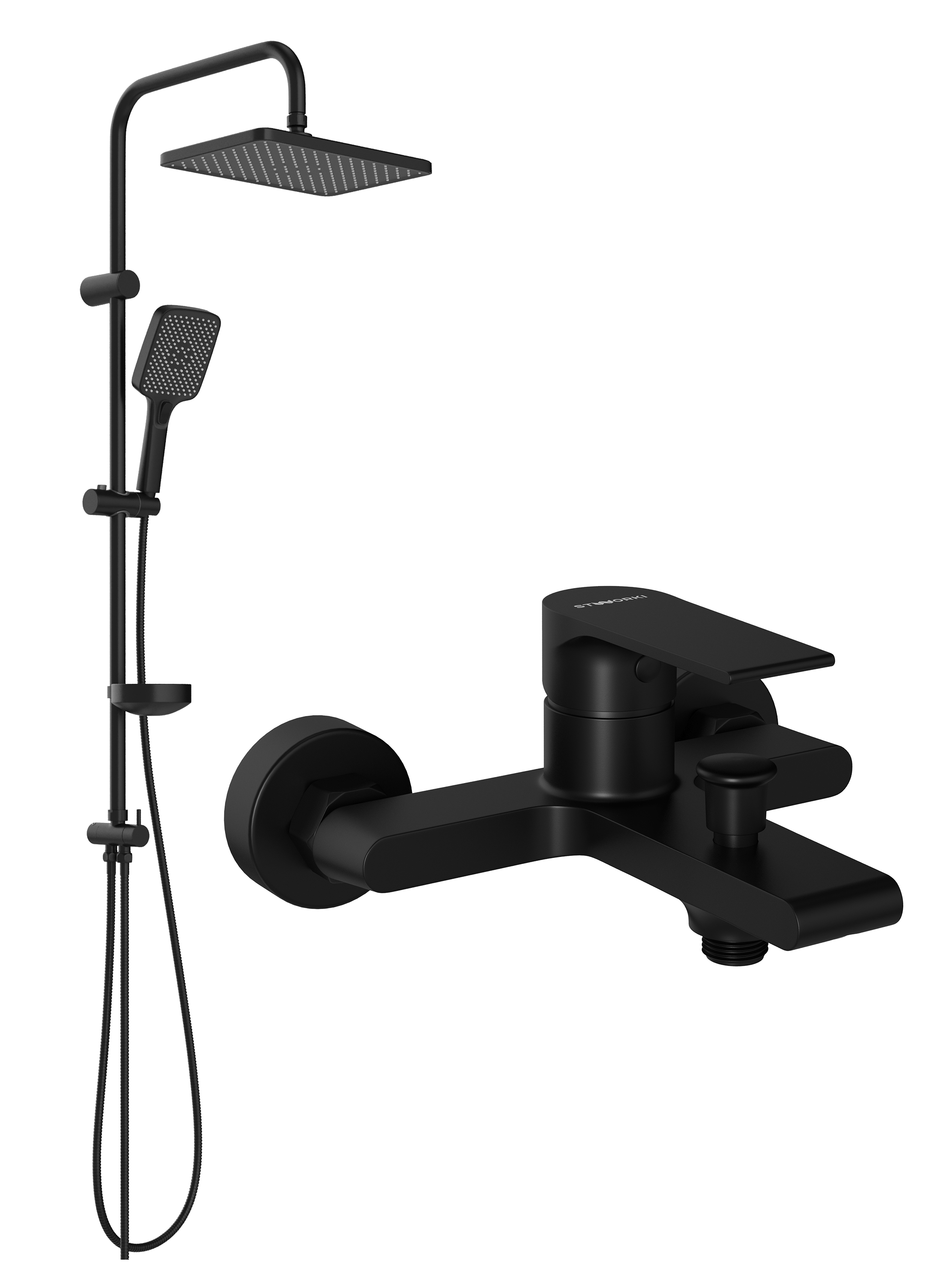 Душевой комплект Смеситель STWORKI Колдинг S32100BK матовый черный + Стойка S32180BK