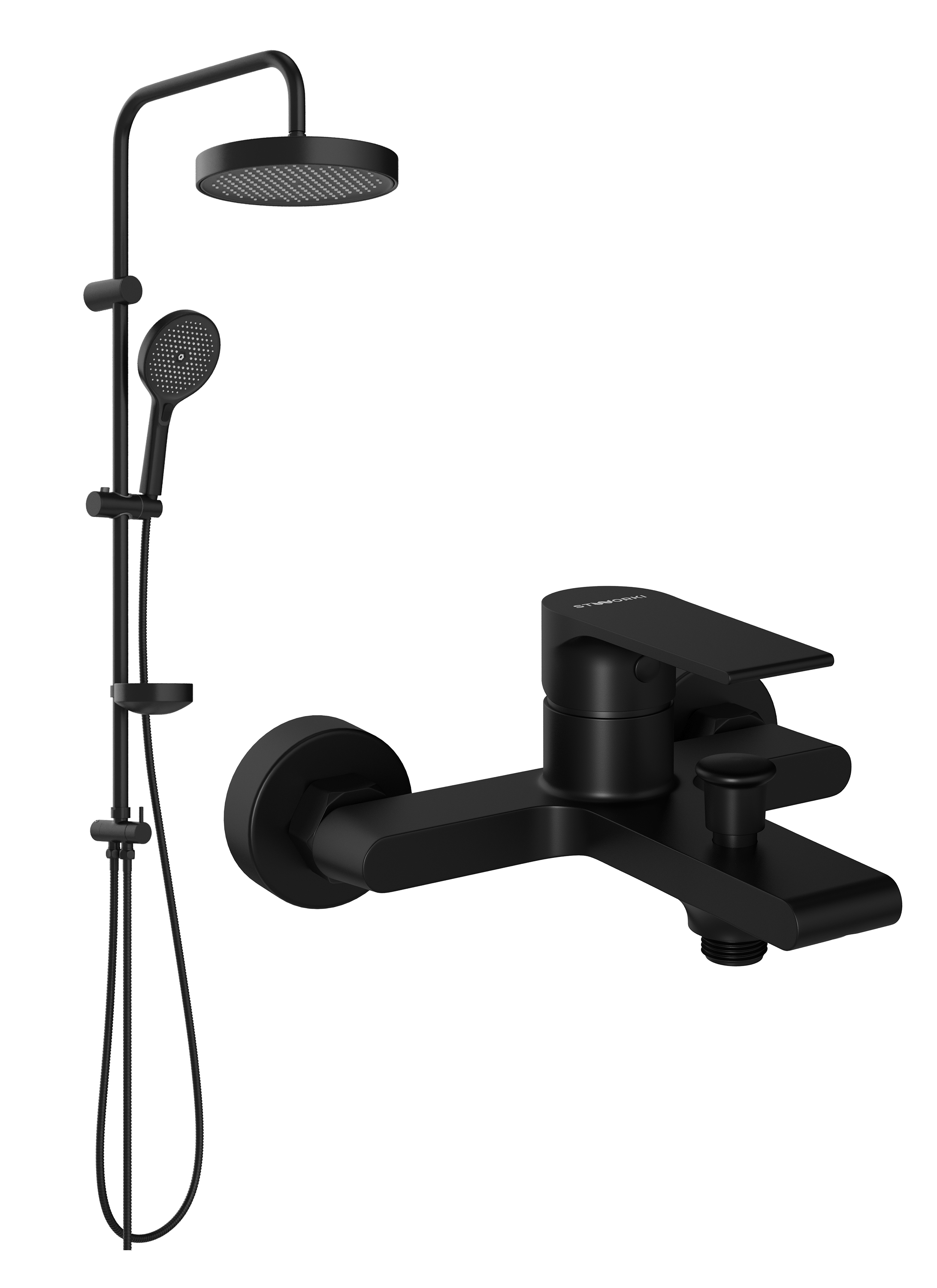 Душевой комплект Смеситель STWORKI Колдинг S32100BK матовый черный + Стойка Монтре S30180BK