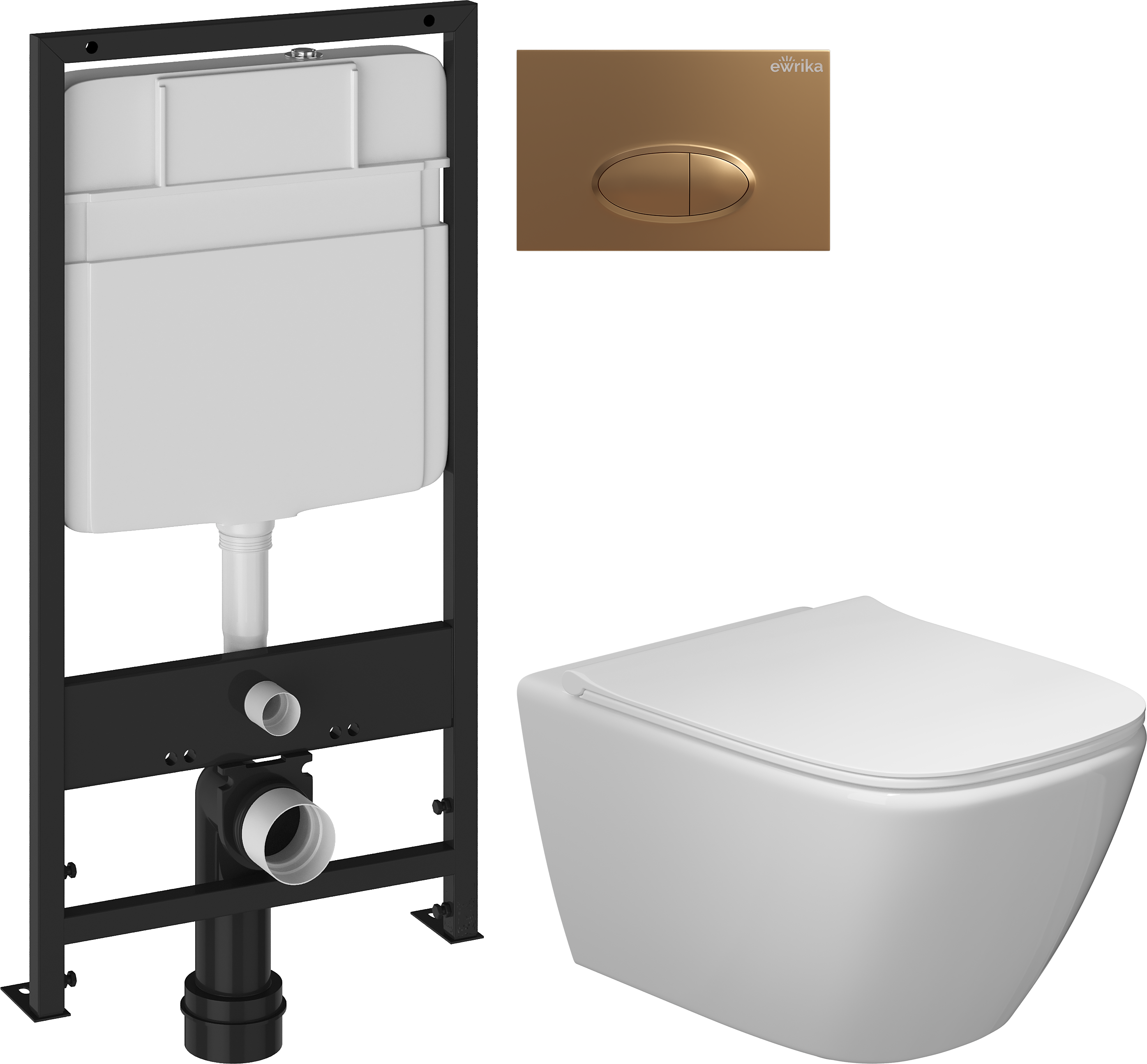 Комплект 4 в 1 Унитаз подвесной STWORKI Карлстад 5610, безободковый + Сиденье Lento 0405, быстросъемное, с микролифтом + Инсталляция EWRIKA ProLT 0026-2020 + Кнопка 0053 цвет матовое золото