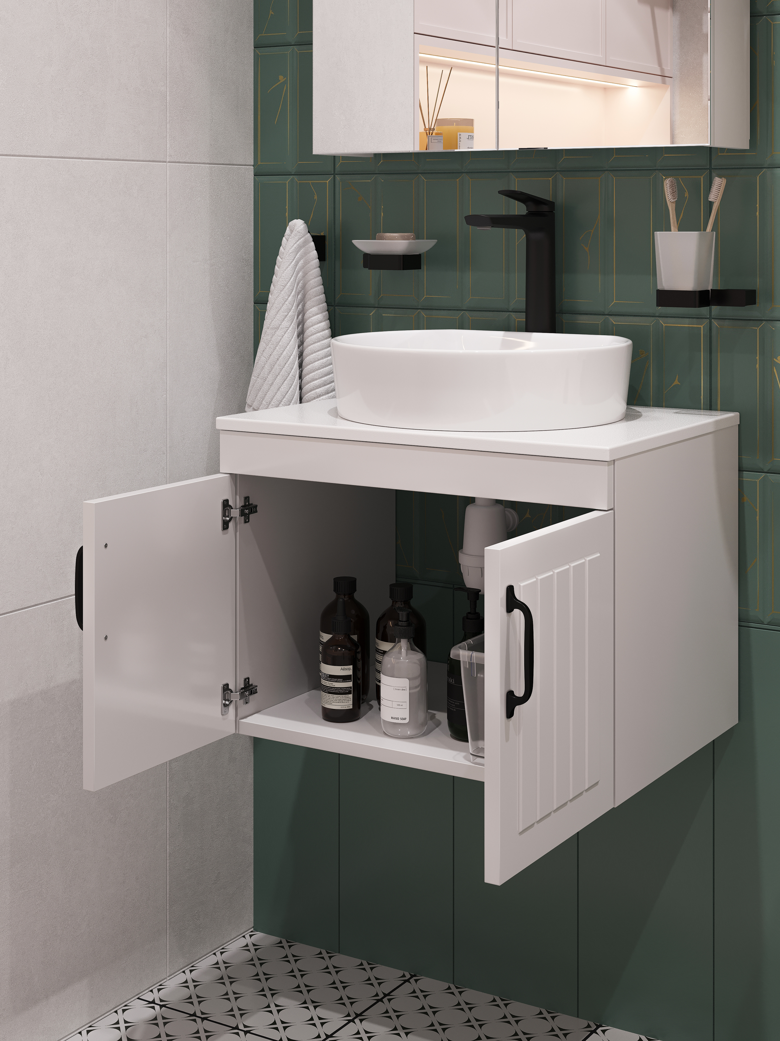 Тумба с раковиной DIWO Сочи 60 подвесная, белая, столешница глянцевая белая