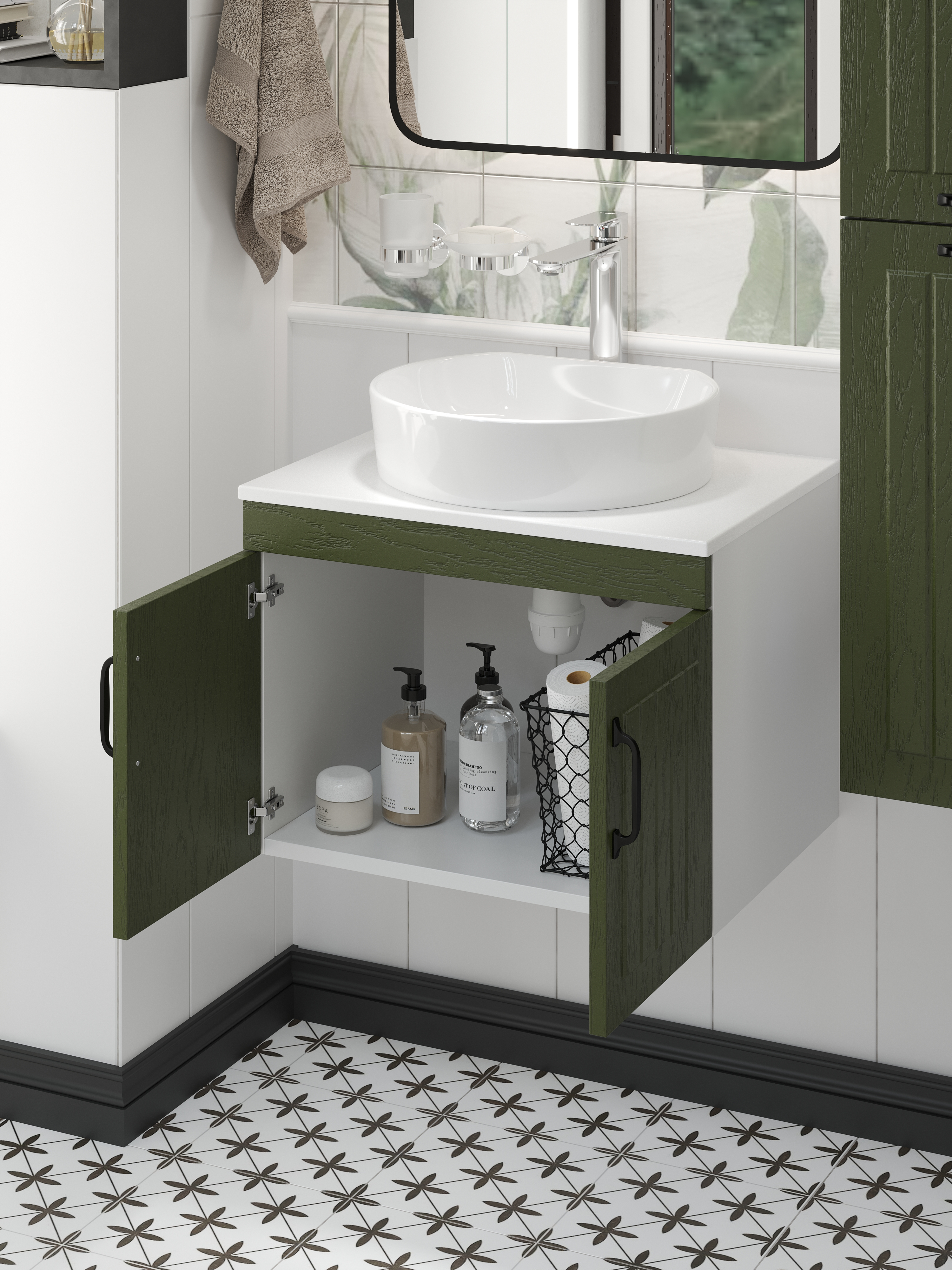 Тумба с раковиной DIWO Сочи 60 подвесная, зеленая, столешница глянцевая белая