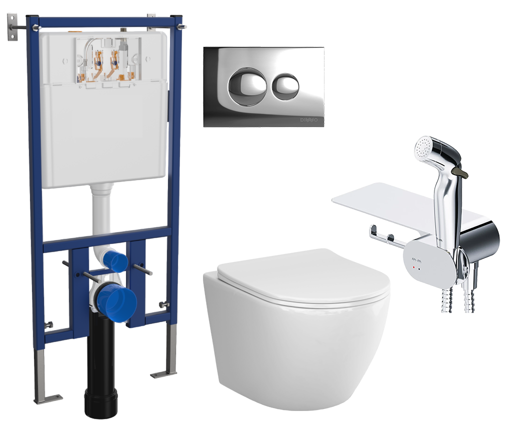 Комплект 4 в 1 Унитаз подвесной AM.PM Like C801900SC + Инсталляция DIWO 4501 + Кнопка 7312 цвет хром + Гигиенический душ F0202600 С ВНУТРЕННЕЙ ЧАСТЬЮ, со смесителем, хром