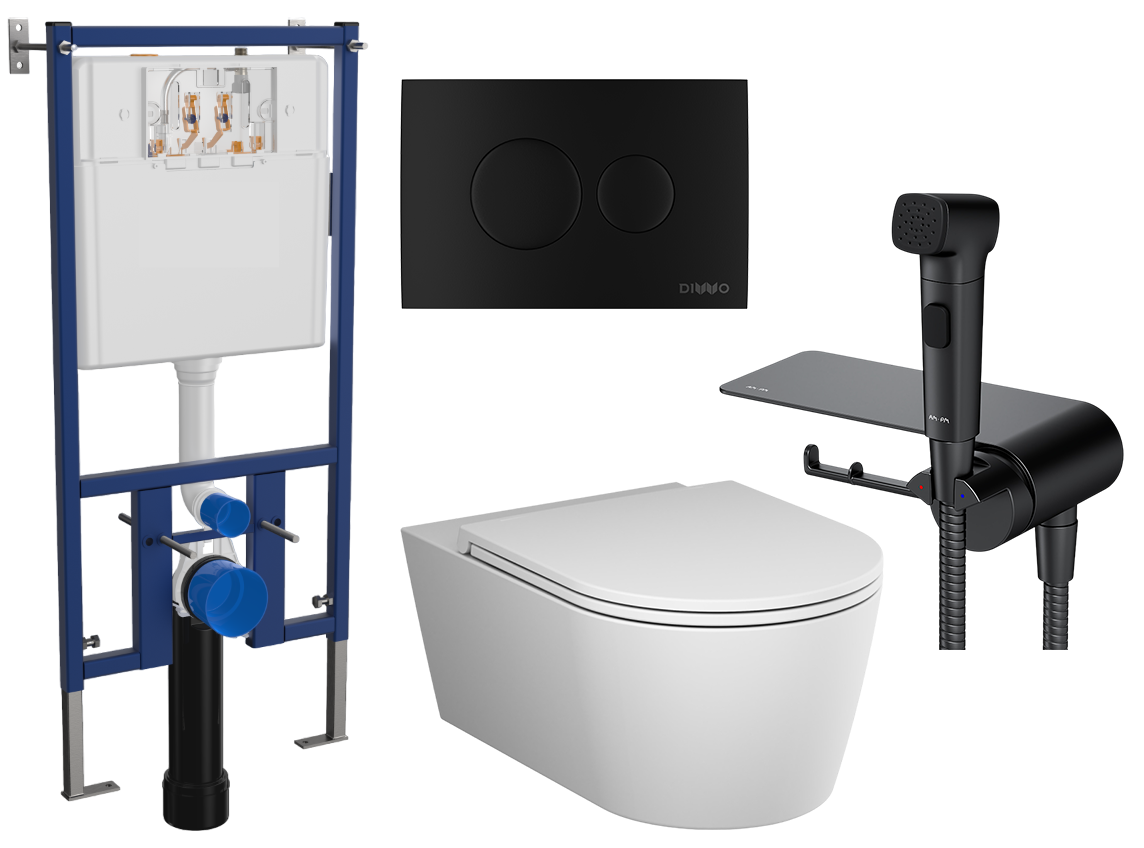 Комплект 4 в 1 Унитаз подвесной AM.PM Func C8F1701SC + Инсталляция DIWO 4501 + Кнопка 7313 цвет матовый черный + Гигиенический душ F0H8F922 С ВНУТРЕННЕЙ ЧАСТЬЮ, со смесителем, черный