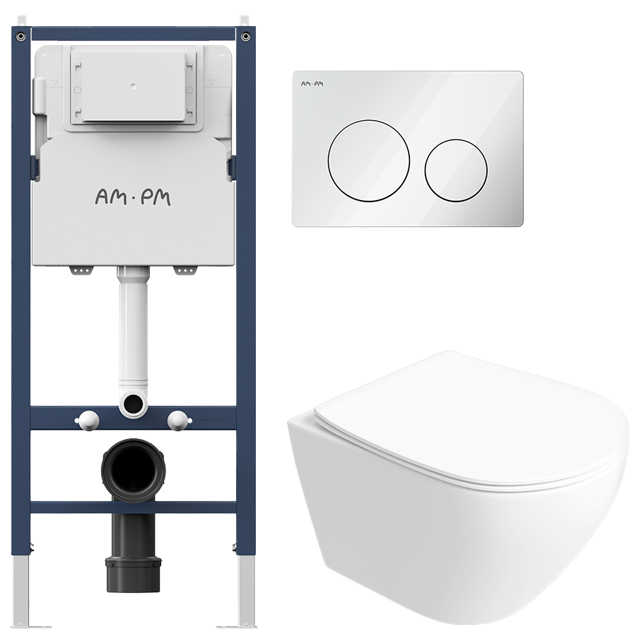 Комплект 3 в 1 Унитаз подвесной STWORKI Кронборг S28401WH безободковый, с микролифтом + Инсталляция AM.PM PrimeFit I012709 цвет белый + Кнопка I090101 цвет белый глянец