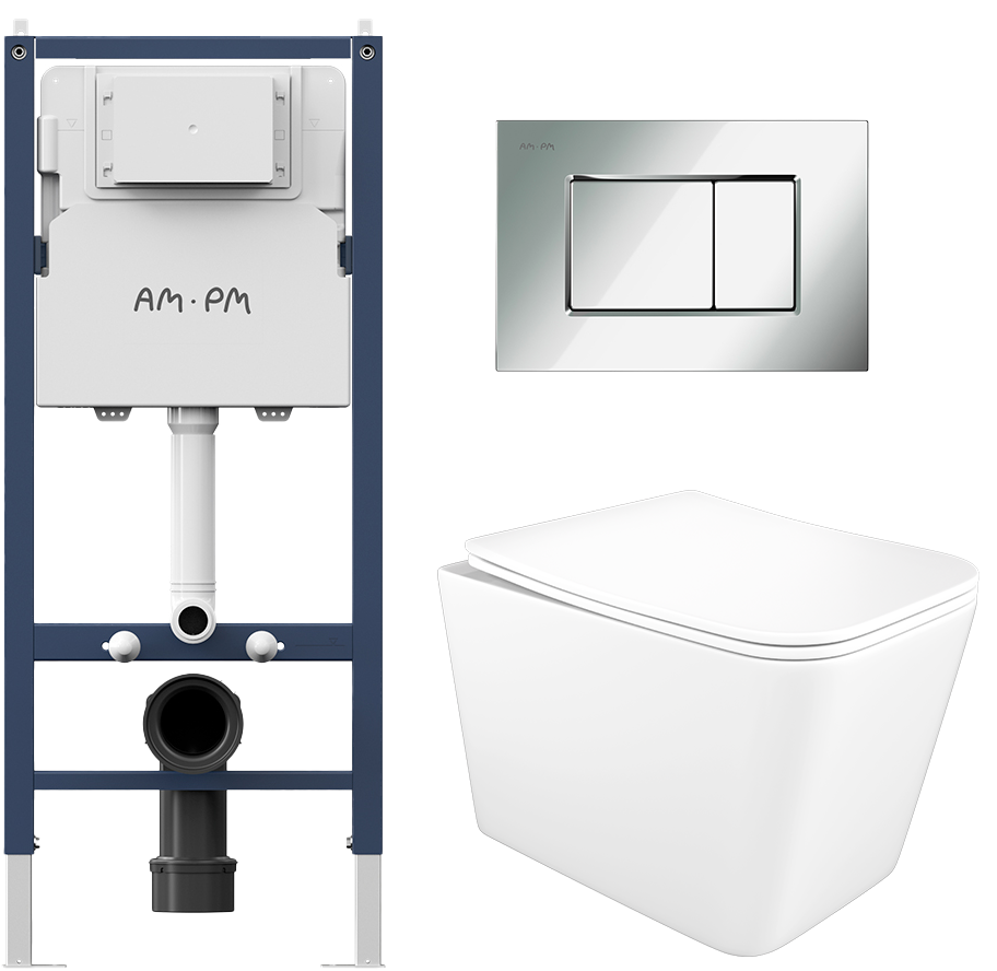 Комплект 3 в 1 Унитаз подвесной STWORKI Молде S23401WH безободковый, с микролифтом, антивсплеск + Инсталляция AM.PM PrimeFit I012709 цвет белый + Кнопка ProC S I070231 цвет матовый хром