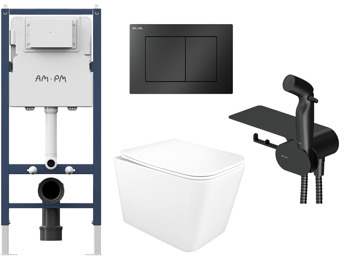 Комплект 4 в 1 Унитаз подвесной STWORKI Молде S23401WH, безободковый, с микролифтом, антивсплеск + Инсталляция AM.PM PrimeFit I012709 цвет белый + Кнопка ProC S I070238 цвет матовый черный + Гигиенический душ Like F0202622, С ВНУТРЕННЕЙ ЧАСТЬЮ, со смесите