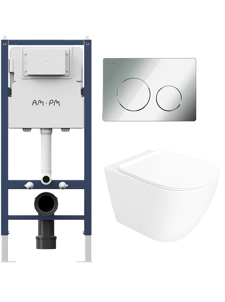Комплект 3 в 1 Унитаз подвесной STWORKI Готланд S13401WH безободковый, с микролифтом, глянцевый белый, антивсплеск + Инсталляция AM.PM PrimeFit I012709 цвет белый + Кнопка I090151 цвет хром глянец