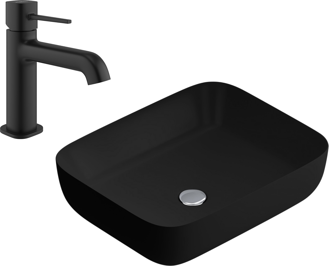 Комплект 2 в 1 Смеситель STWORKI Эстерсунд S31010BK, черный + Накладная раковина AM.PM Func M8FWCC10510BM 51 матовая черная