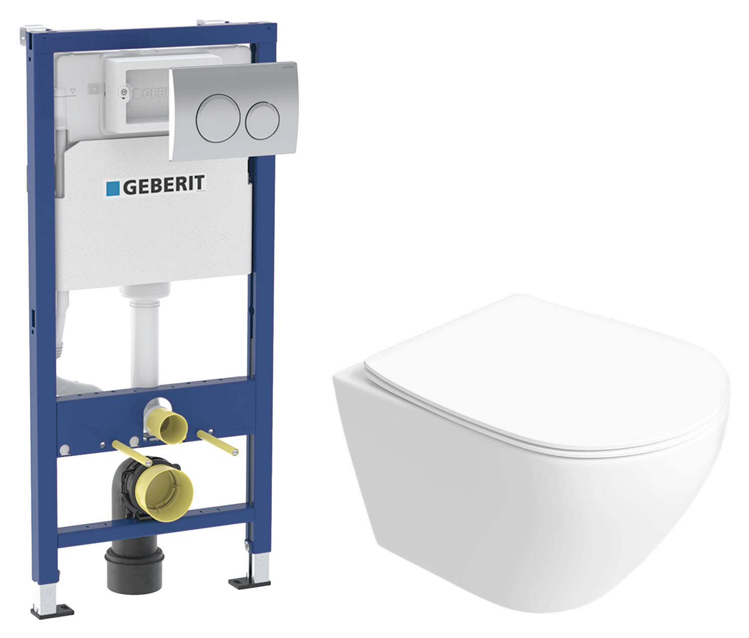 Комплект 2 в 1 Унитаз подвесной STWORKI Кронборг S28401WH, безободковый, с микролифтом, белый + Инсталляция с кнопкой Geberit Delta 20 458.118.21.2 цвет хром