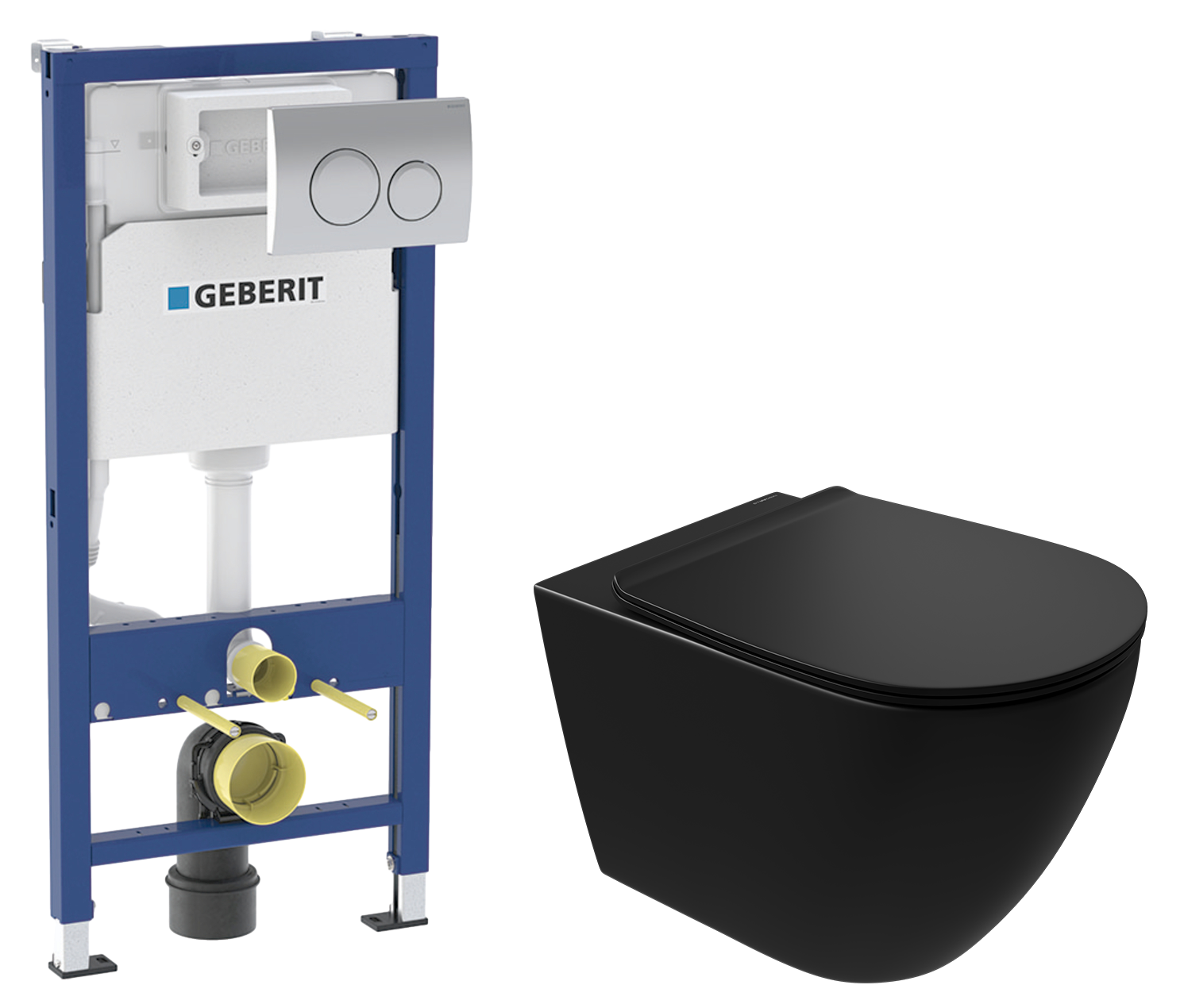 Комплект 2 в 1 Унитаз подвесной STWORKI Готланд S13401BK безободковый, с микролифтом, глянцевый черный, антивсплеск + Инсталляция с кнопкой Geberit Delta 20 458.118.21.2 цвет хром