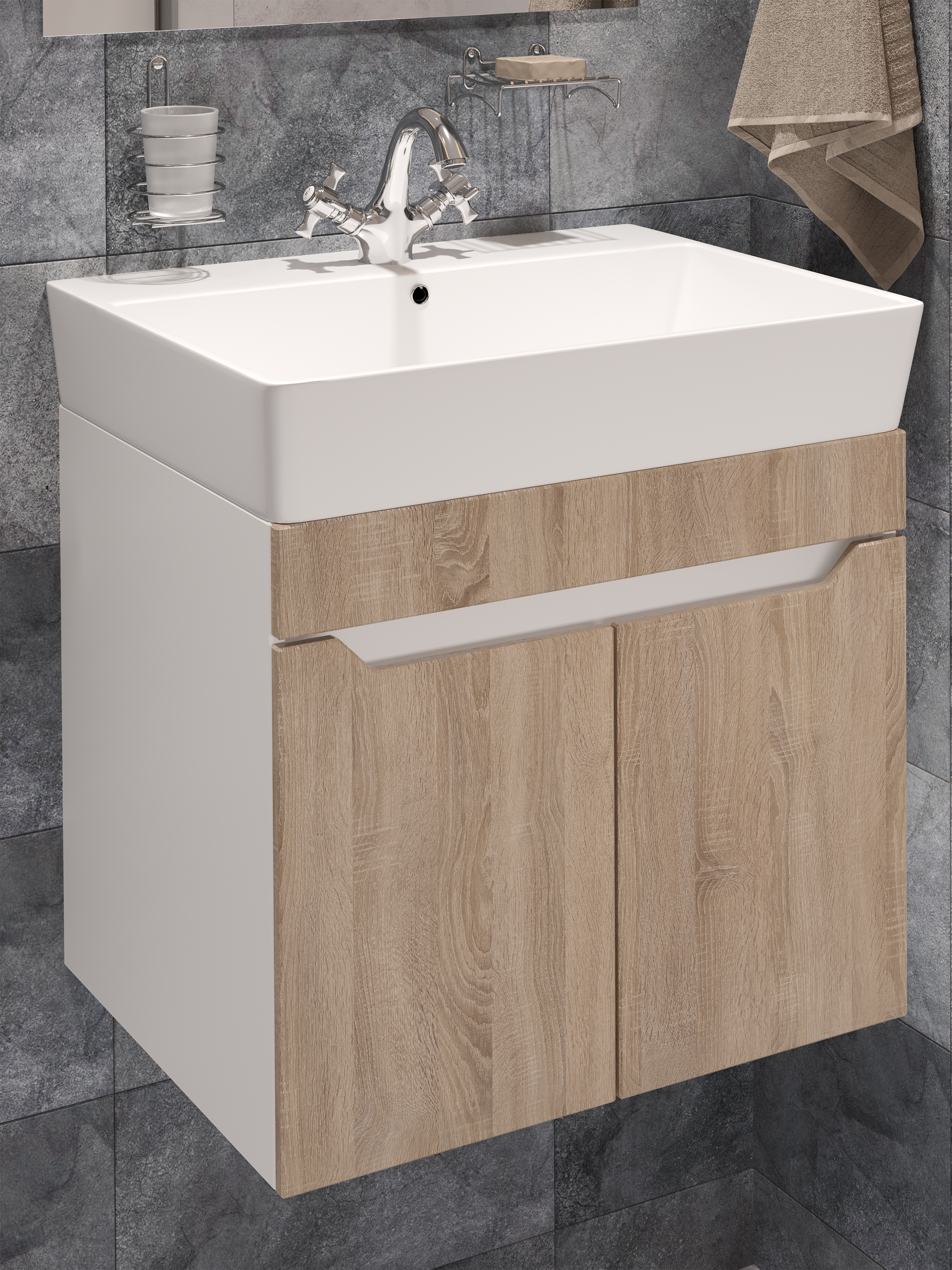 Тумба под раковину без столешницы DIWO Архангельск 60 подвесная, белая, сонома