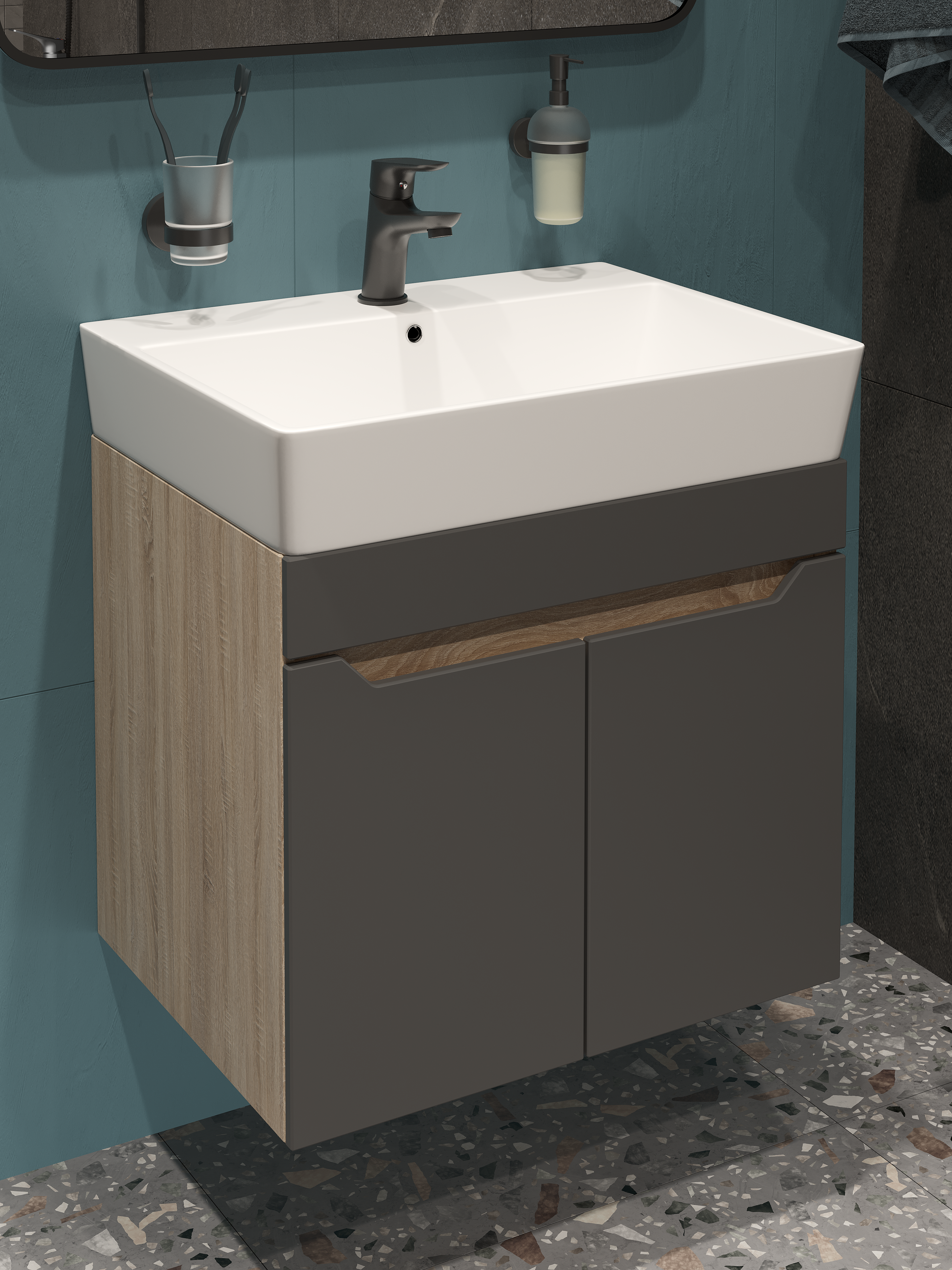 Тумба под раковину без столешницы DIWO Архангельск 60 подвесная, дуб сонома, антрацит