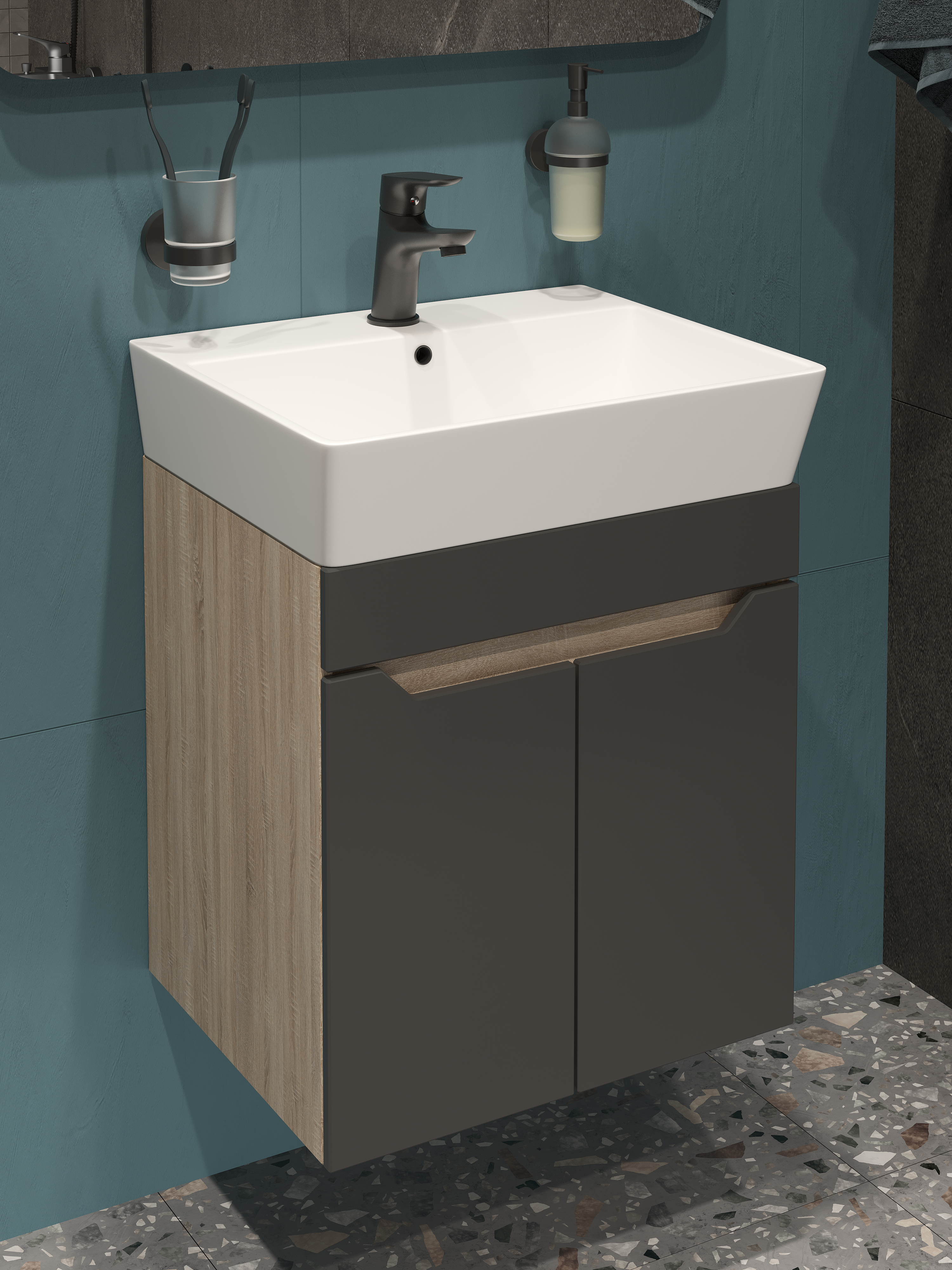 Тумба с раковиной DIWO Архангельск 50 подвесная, дуб сонома, антрацит