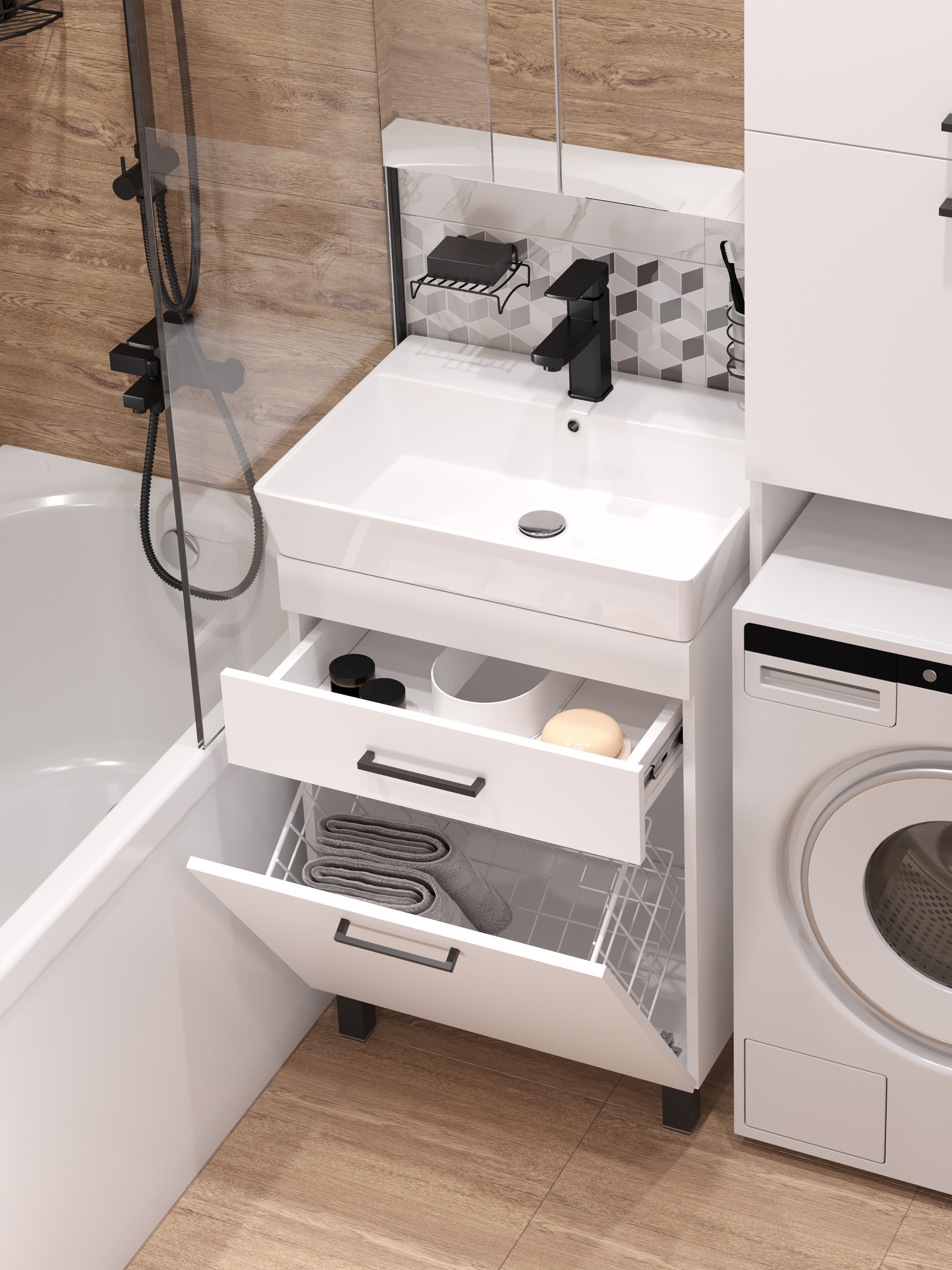 Тумба с раковиной DIWO Брянск 60 с корзиной, с выдвижным ящиком, белая