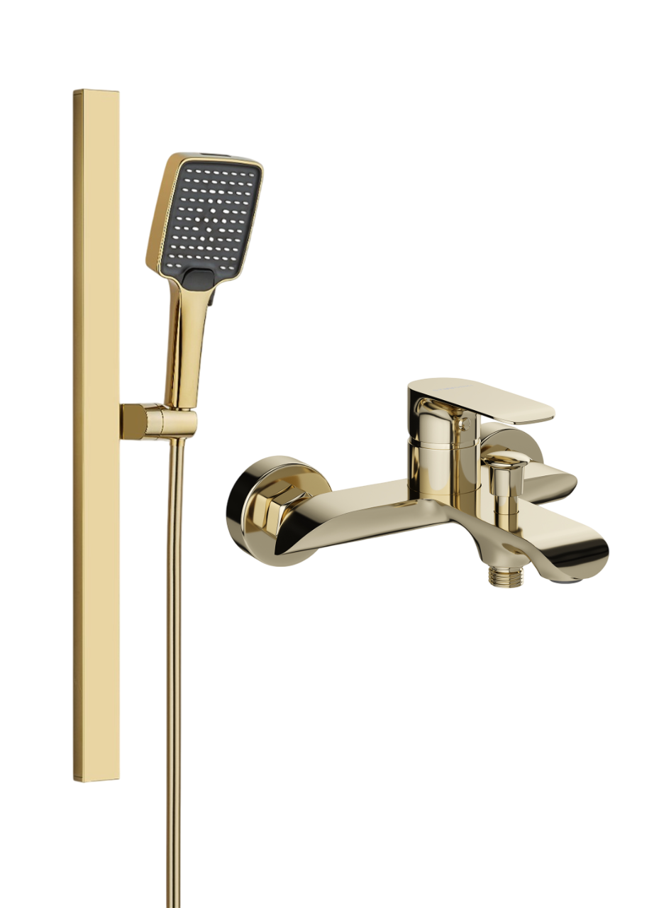 Смеситель для ванны с душем STWORKI Копенгаген S42100GG + Душевой гарнитур Ольборг S20190GG, глянцевое золото