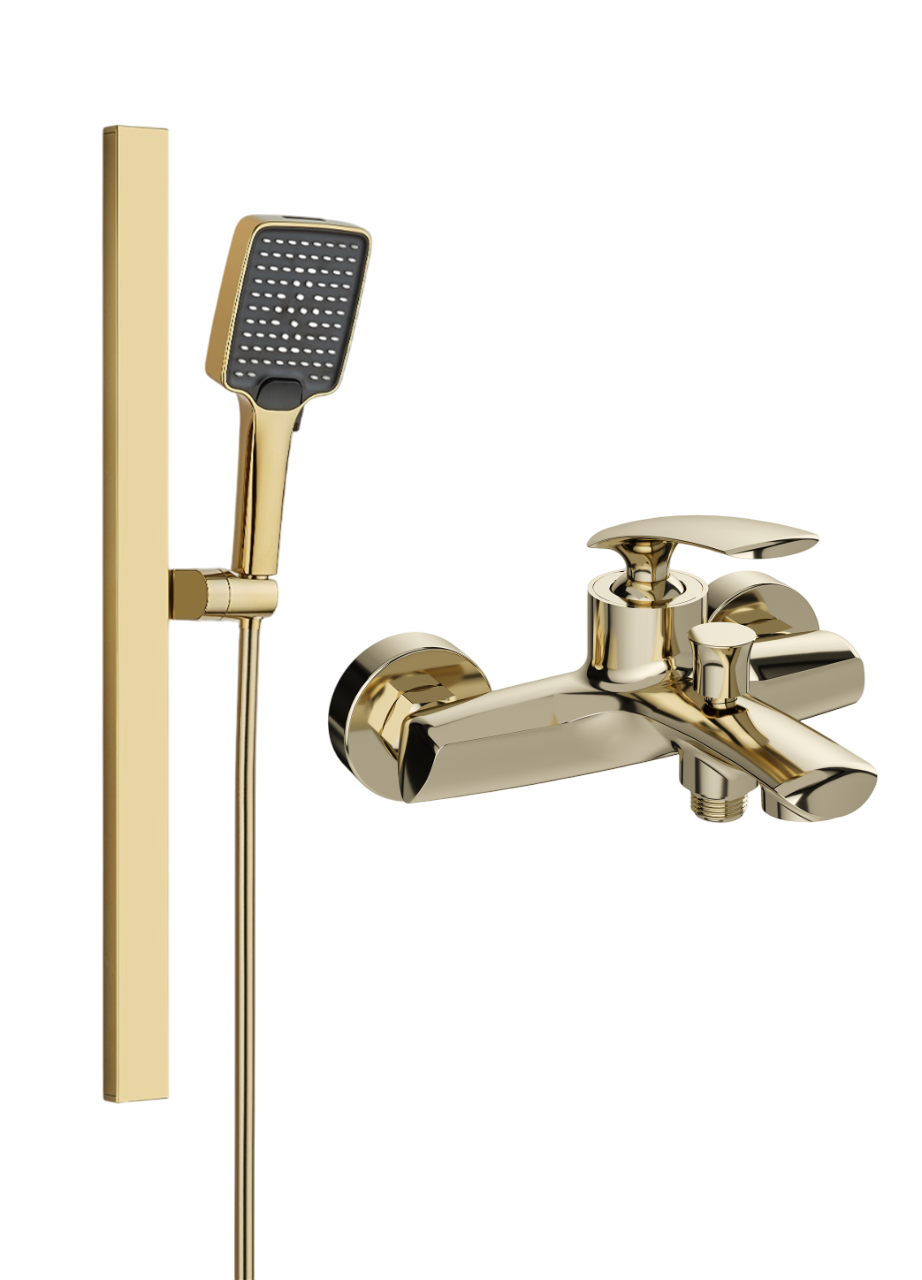Смеситель для ванны с душем STWORKI Гётеборг S03100GG + Душевой гарнитур Ольборг S20190GG, глянцевое золото
