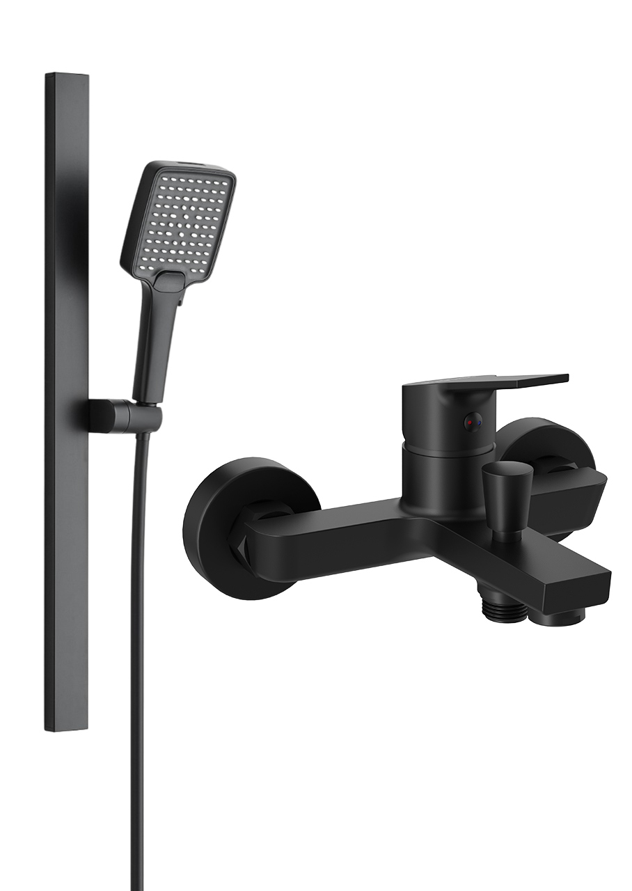 Смеситель для ванны с душем STWORKI Кронборг S28100BK + Душевой гарнитур Ольборг S20190BK, матовый черный
