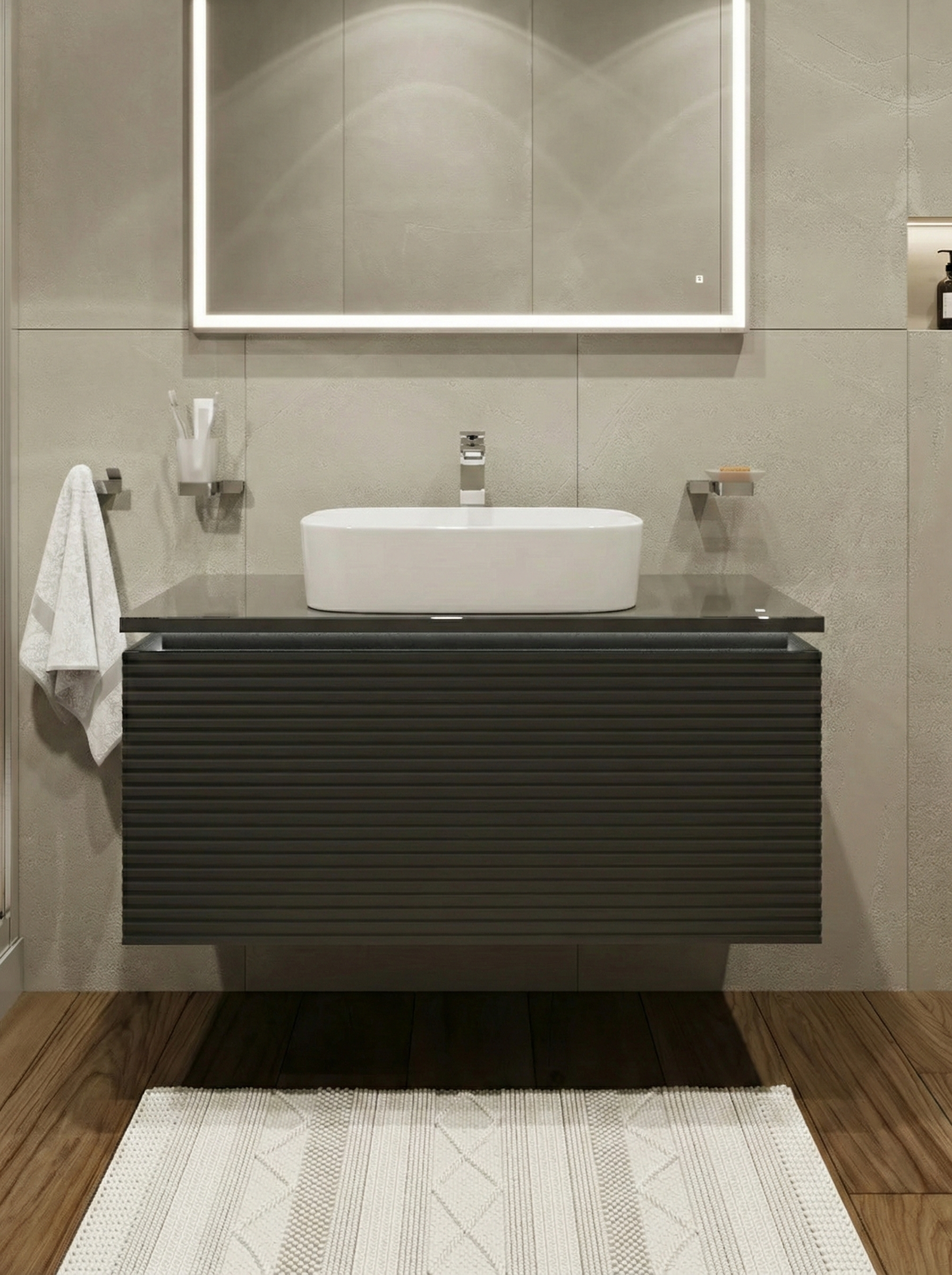 Тумба с раковиной STWORKI Рандерс 100 антрацит, подвесная, с подсветкой, раковина Берген S21410WH