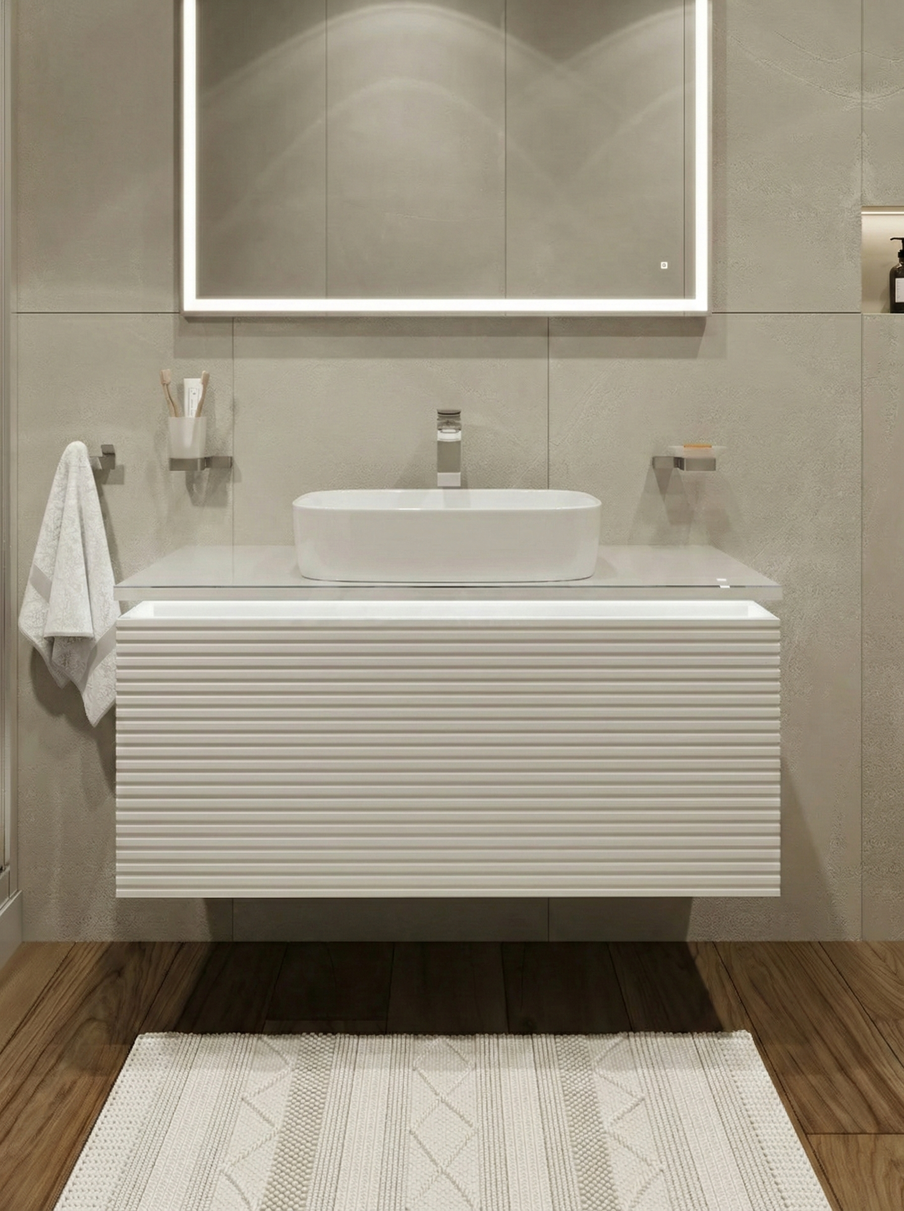 Тумба с раковиной STWORKI Рандерс 100 белая, подвесная, с подсветкой, раковина Берген S21410WH