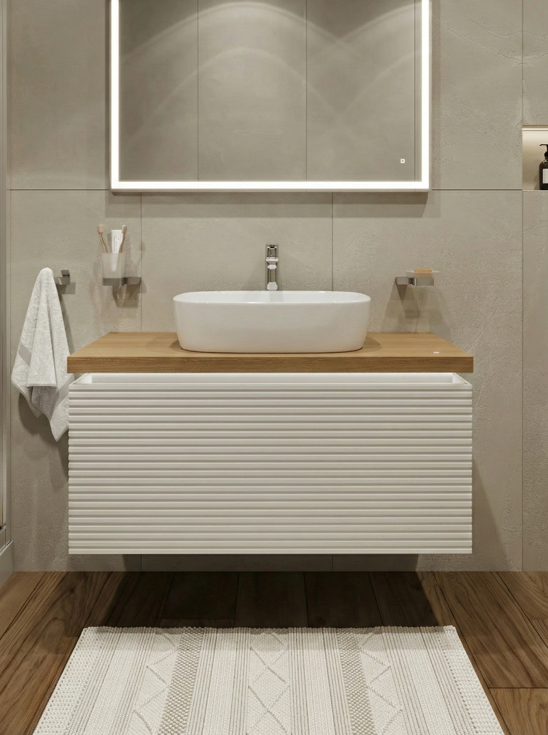 Тумба с раковиной STWORKI Рандерс 100 дерево, подвесная, с подсветкой, раковина Берген S21410WH