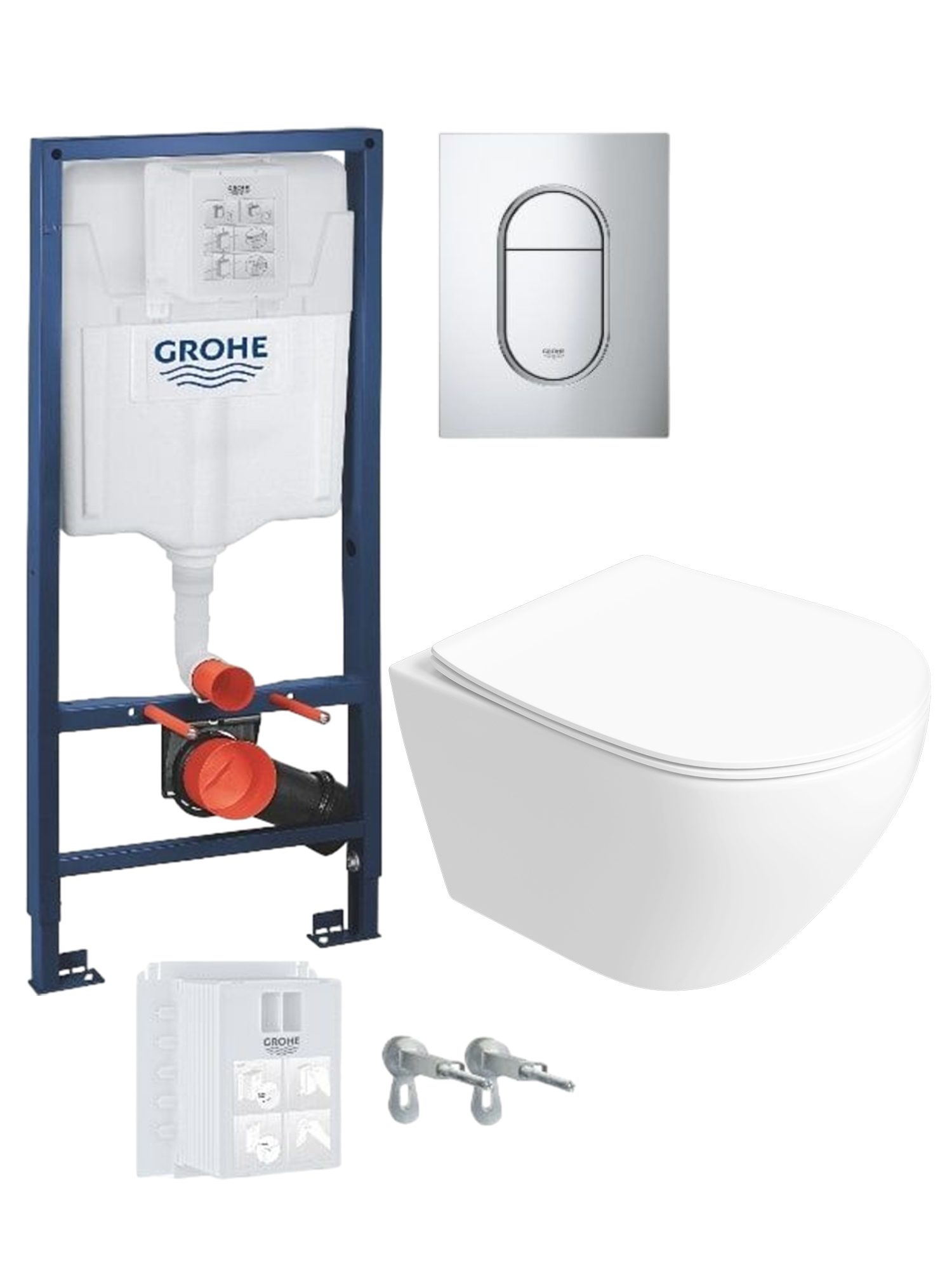 Комплект 2 в 1 Унитаз подвесной STWORKI Кронборг S28401WH безободковый, с микролифтом + Инсталляция с кнопкой Grohe Rapid SL 39702000 цвет хром