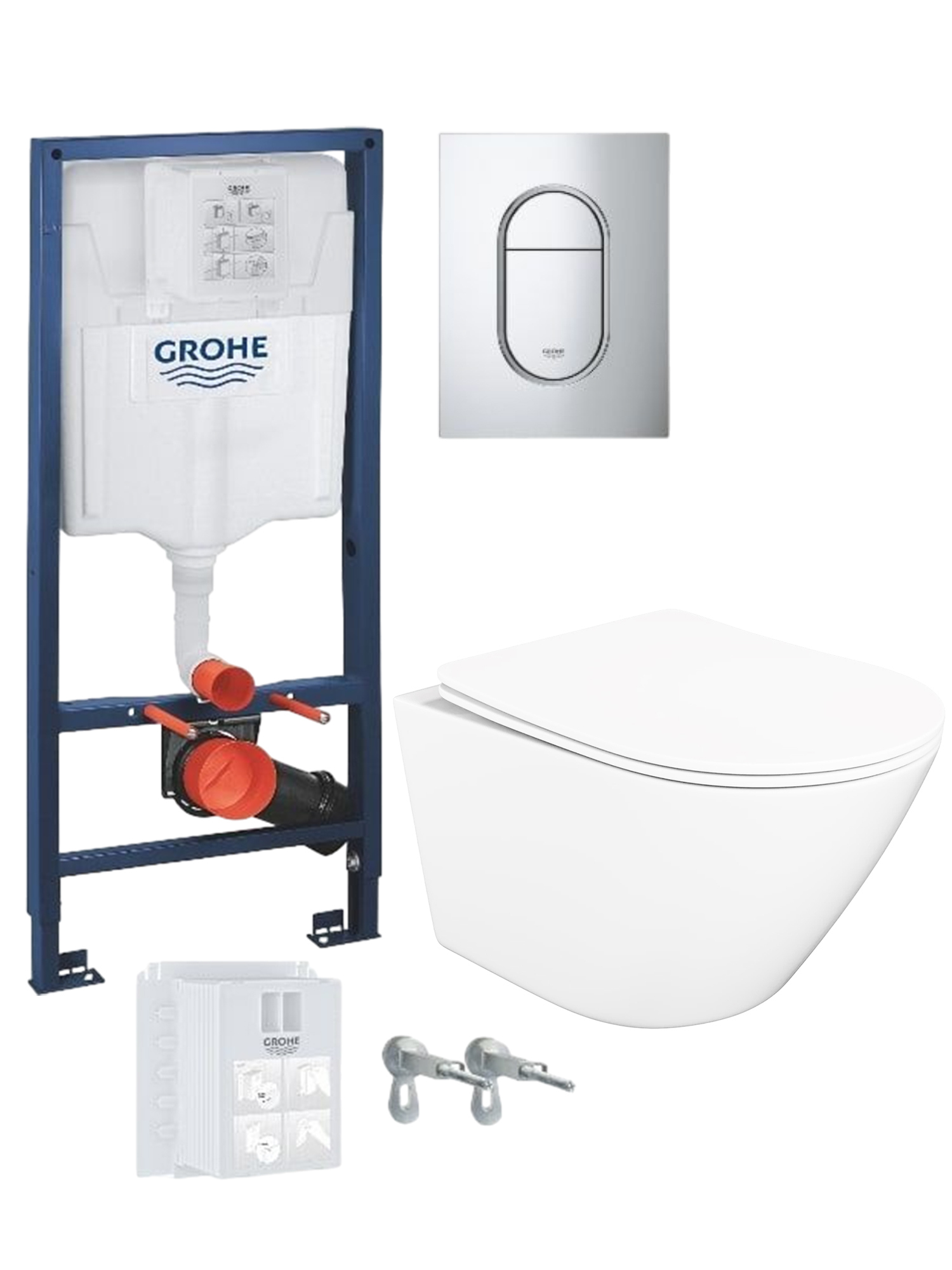 Комплект 2 в 1 Унитаз подвесной STWORKI Левангер S07401WH безободковый, смыв Торнадо, с микролифтом, антивсплеск + Инсталляция с кнопкой Grohe Rapid SL 39702000 цвет хром