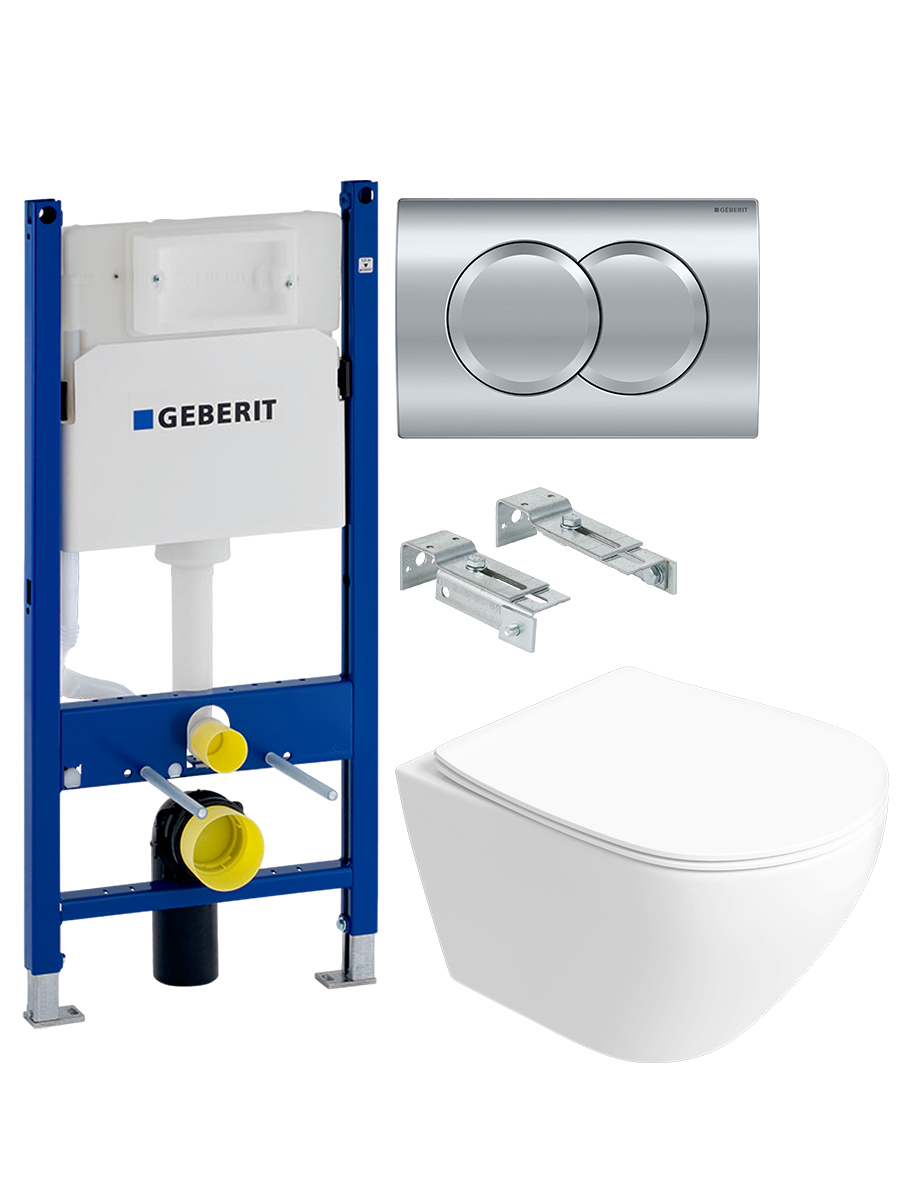 Комплект 2 в 1 Унитаз подвесной STWORKI Кронборг S28401WH безободковый, с микролифтом + Инсталляция с кнопкой Geberit Duofix Delta 458.149.21.2 цвет хром