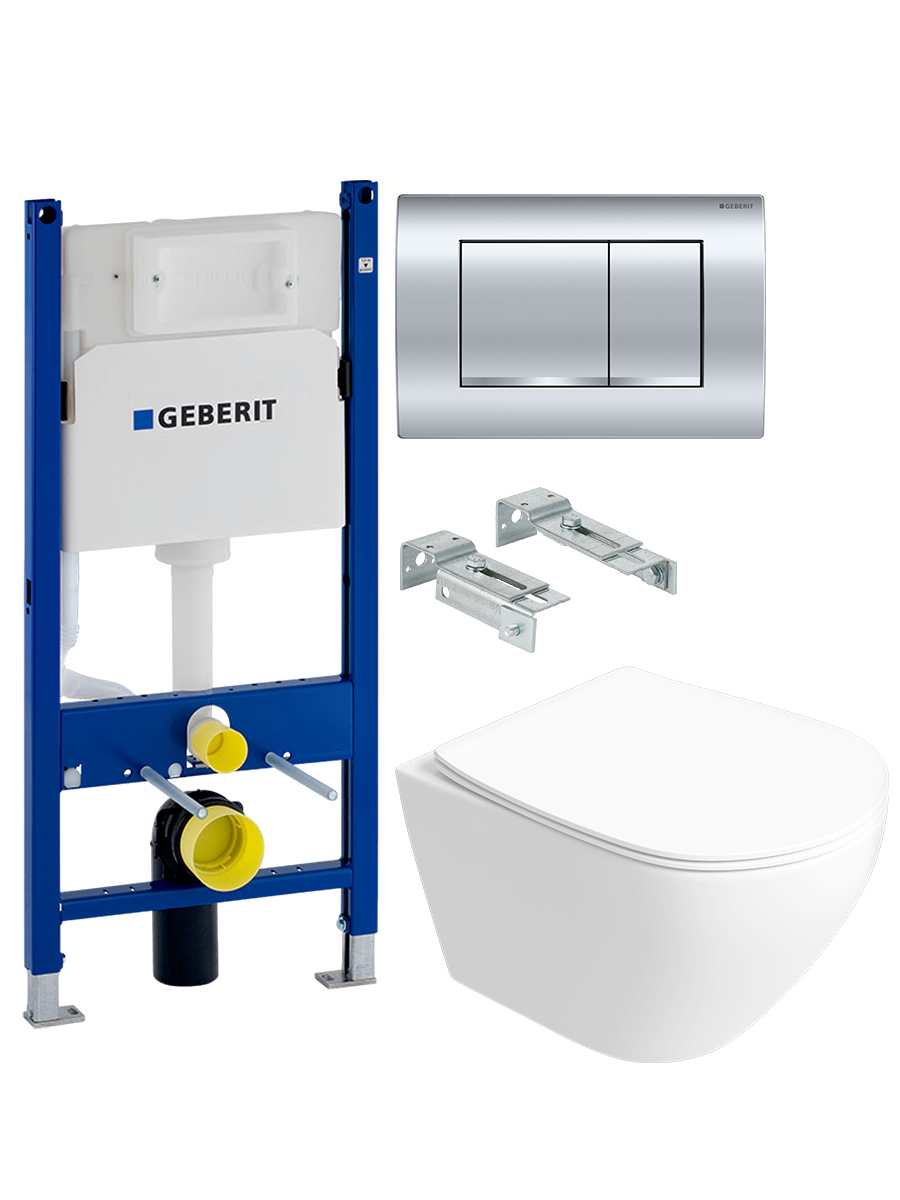 Комплект 2 в 1 Унитаз подвесной STWORKI Кронборг S28401WH безободковый, с микролифтом + Инсталляция с кнопкой Geberit Duofix Delta 458.163.21.2 цвет хром
