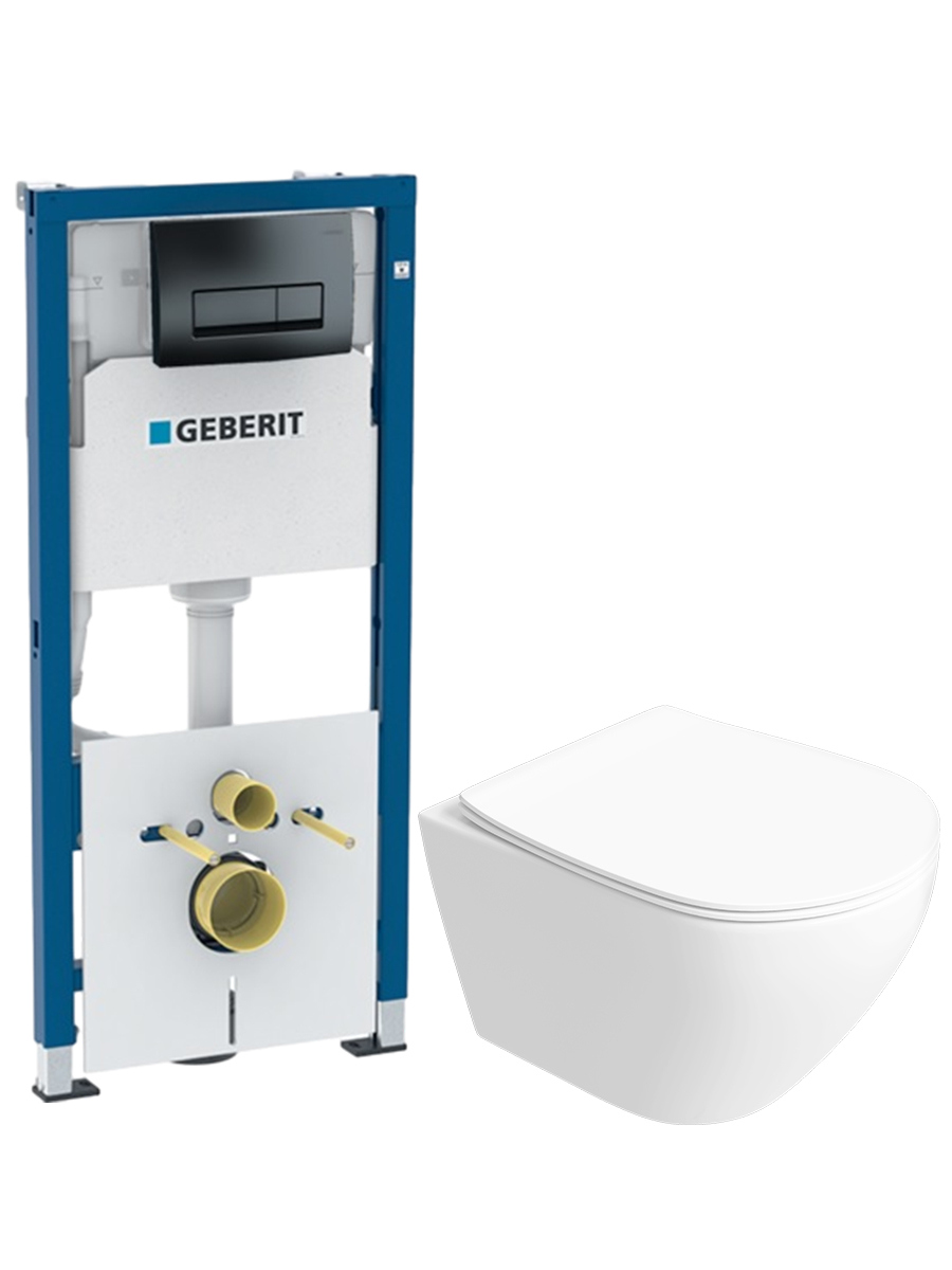 Комплект 2 в 1 Унитаз подвесной STWORKI Кронборг S28401WH безободковый, с микролифтом + Инсталляция с кнопкой Geberit Delta 50 458.128.DW.1 цвет черный