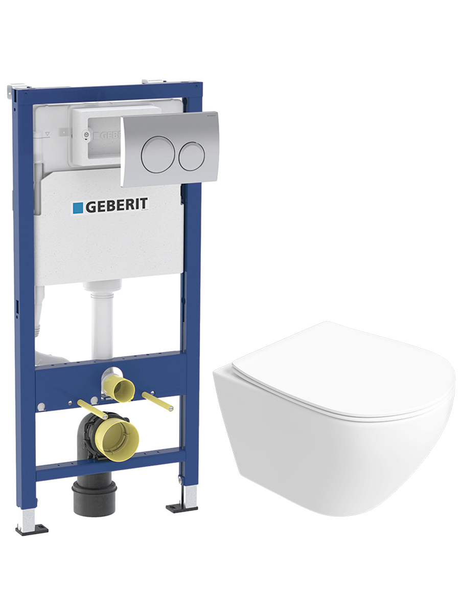 Комплект 2 в 1 Унитаз подвесной STWORKI Кронборг S28401WH, безободковый, с микролифтом, белый + Инсталляция с кнопкой Geberit Delta 20 458.118.21.2 цвет хром