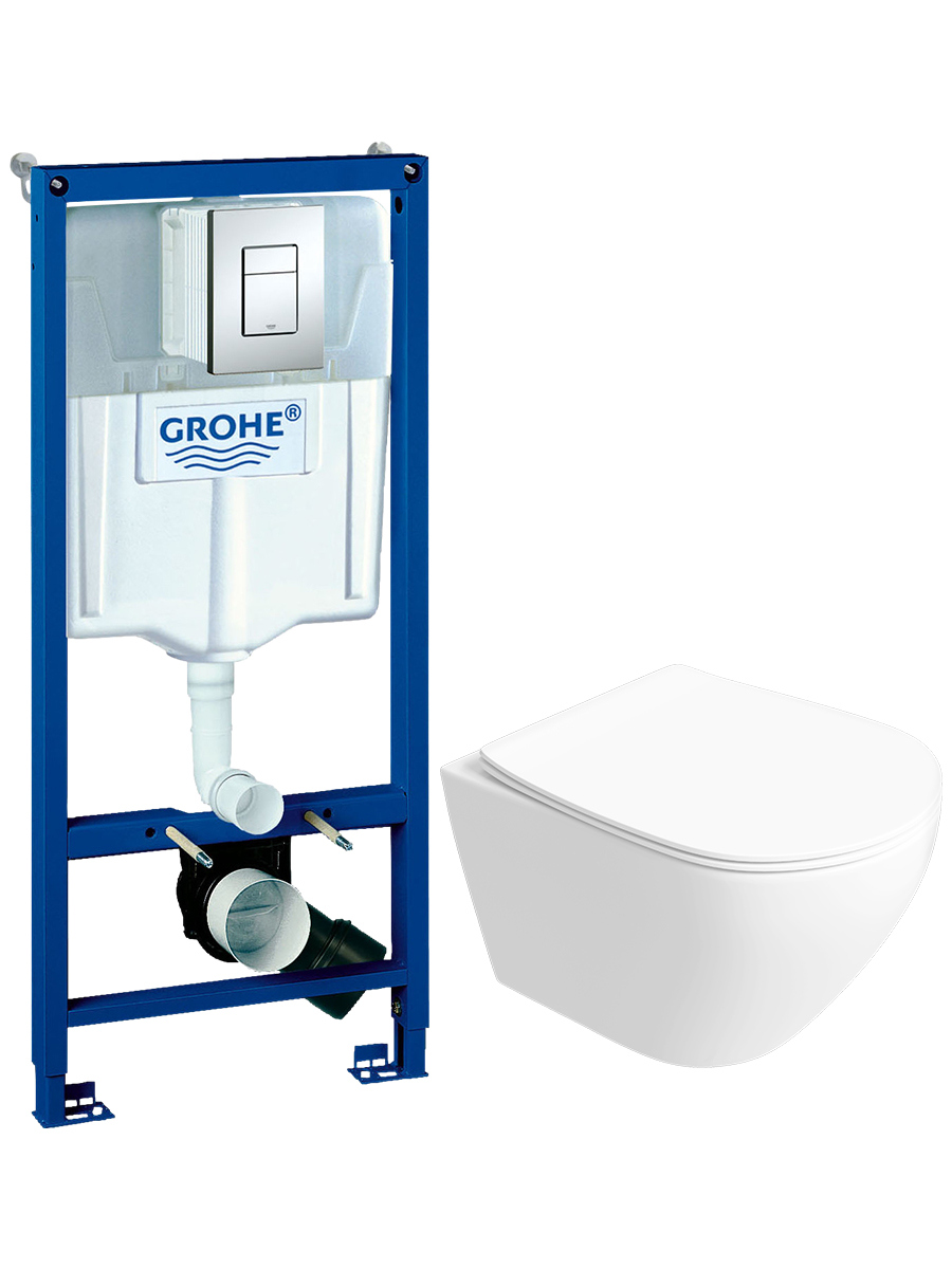 Комплект 2 в 1 Унитаз подвесной STWORKI Кронборг S28401WH безободковый, с микролифтом + Инсталляция с кнопкой Grohe Rapid SL 38772001 цвет хром