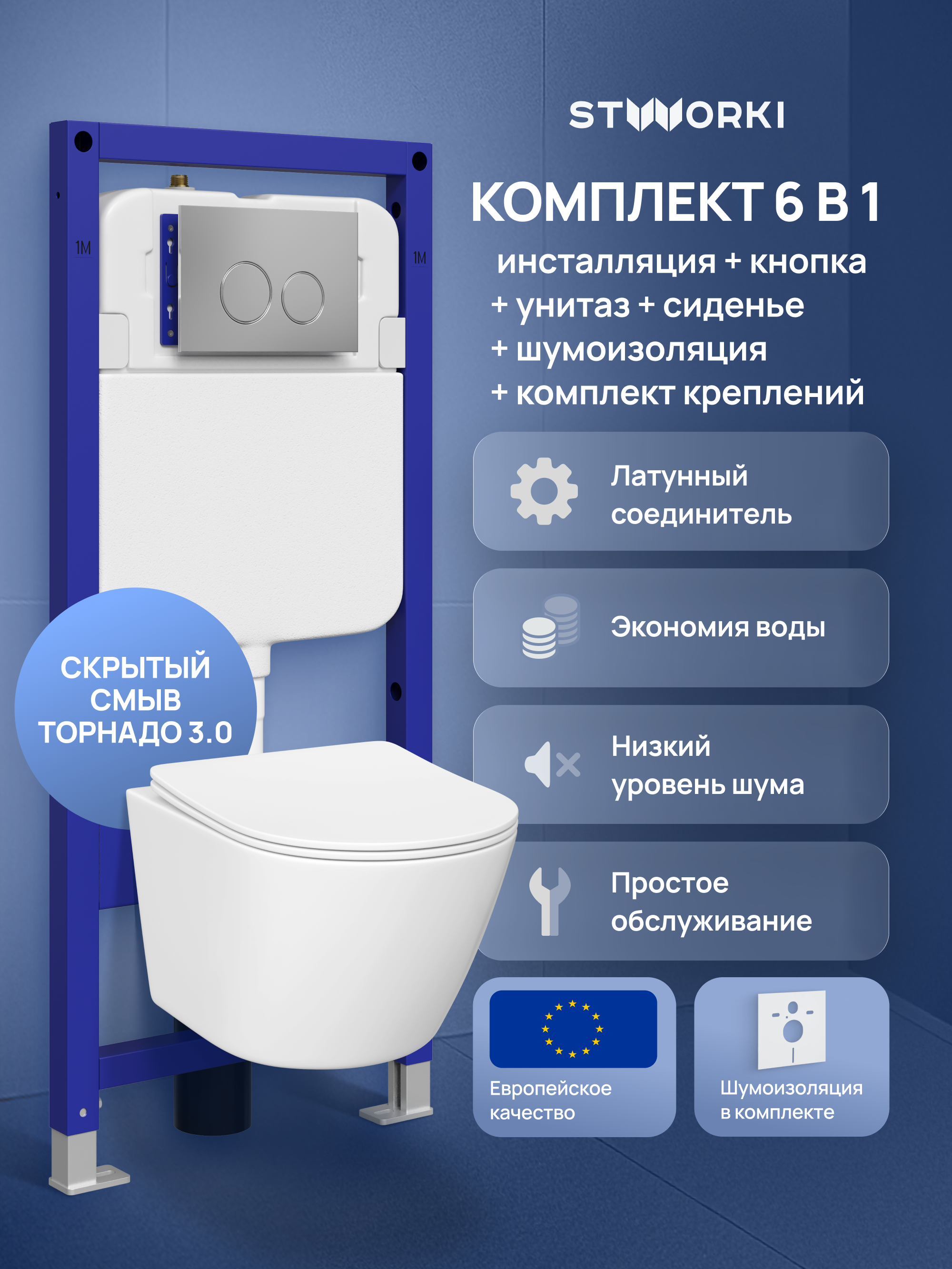 Комплект 6 в 1: Инсталляция STWORKI Хельсинки S33500CR + Унитаз подвесной STWORKI Левангер S07401WH безободковый + Сиденье с микролифтом + Комплект шумоизоляции + Кнопка хром + Комплект креплений