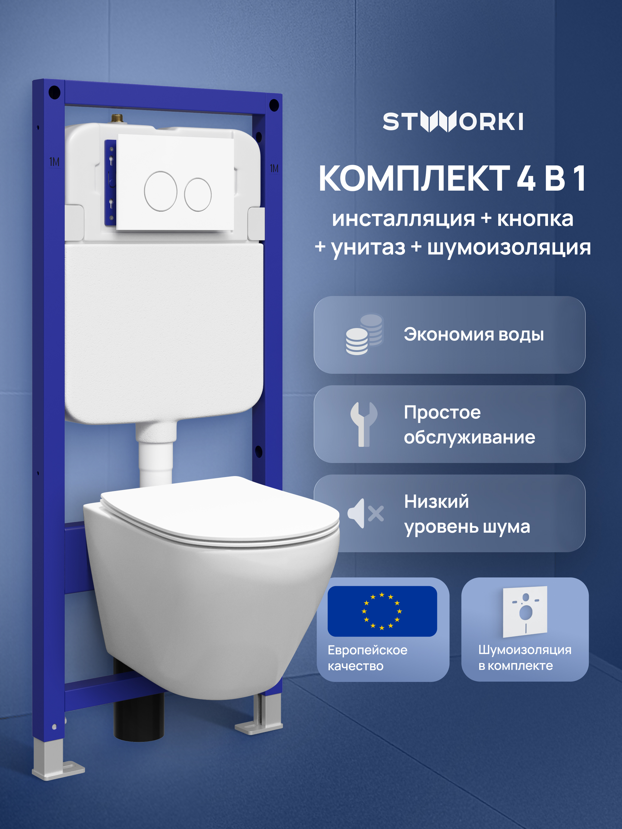 Комплект 4 в 1: Инсталляция STWORKI Хельсинки S33500WH + Унитаз подвесной STWORKI Кронборг S28401WH безободковый, с микролифтом, глянцевый белый, антивсплеск + Комплект шумоизоляции + Кнопка глянцевая белая