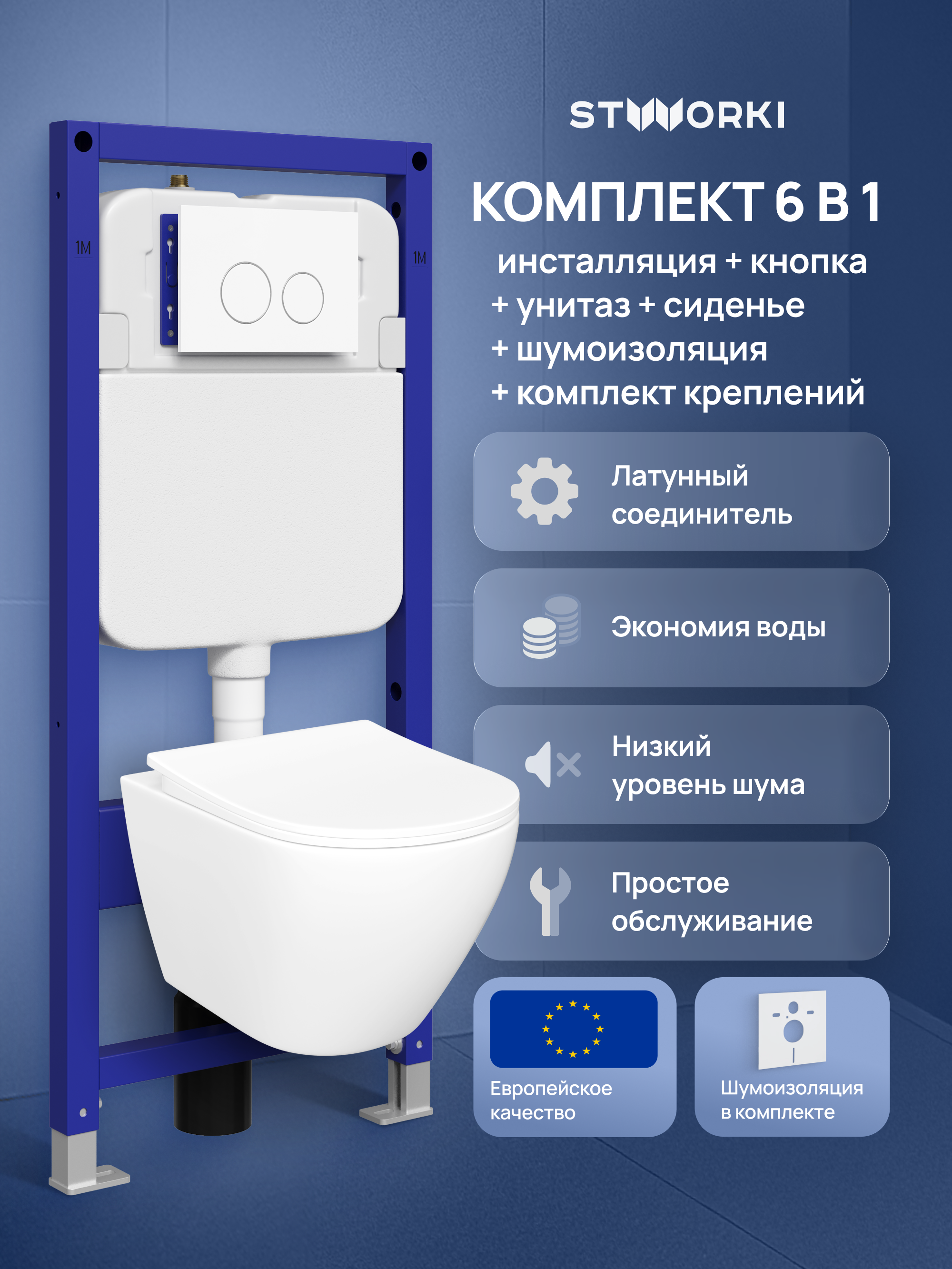 Комплект 6 в 1: Инсталляция STWORKI Хельсинки S33500WH + Унитаз подвесной STWORKI Кронборг S28401WH безободковый + Сиденье с микролифтом + Комплект шумоизоляции + Кнопка глянцевая белая + Комплект креплений