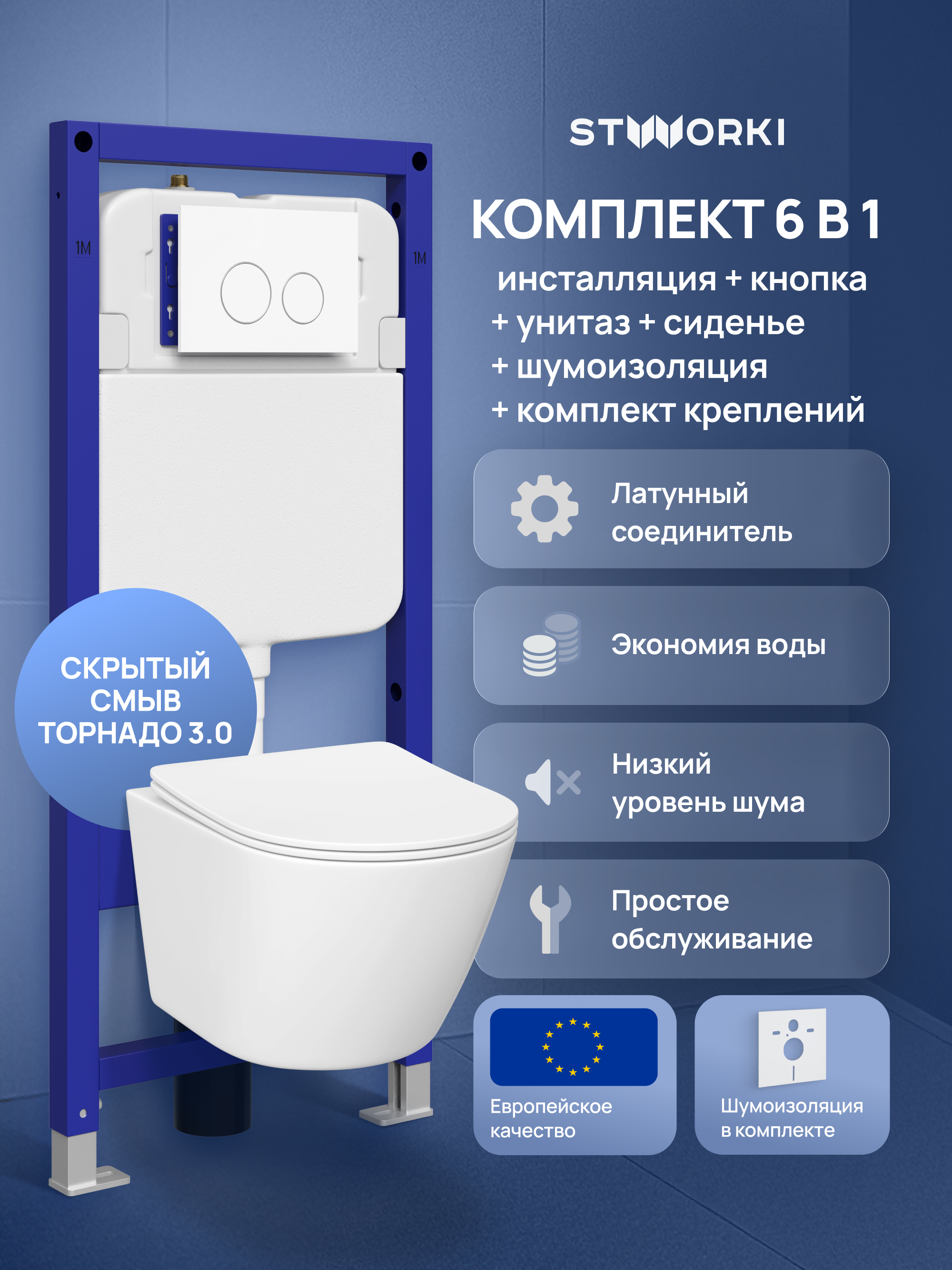Комплект 6 в 1: Инсталляция STWORKI Хельсинки S33500WH + Унитаз подвесной STWORKI Левангер S07401WH безободковый + Сиденье с микролифтом + Комплект шумоизоляции + Кнопка глянцевая белая + Комплект креплений