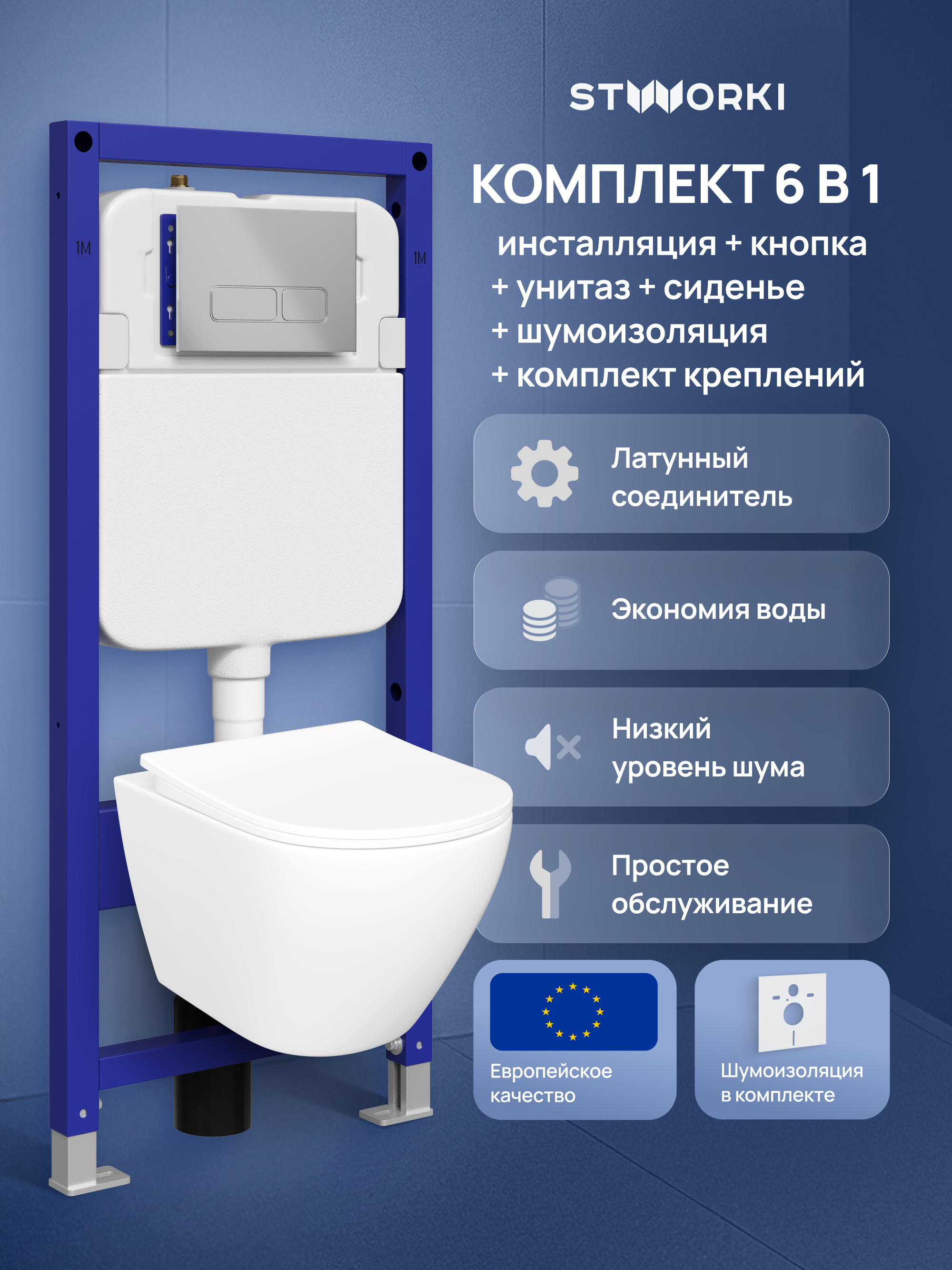 Комплект 6 в 1: Инсталляция STWORKI Кронборг S28500CR + Унитаз подвесной STWORKI Кронборг S28401WH безободковый + Сиденье с микролифтом + Комплект шумоизоляции + Кнопка хром + Комплект креплений