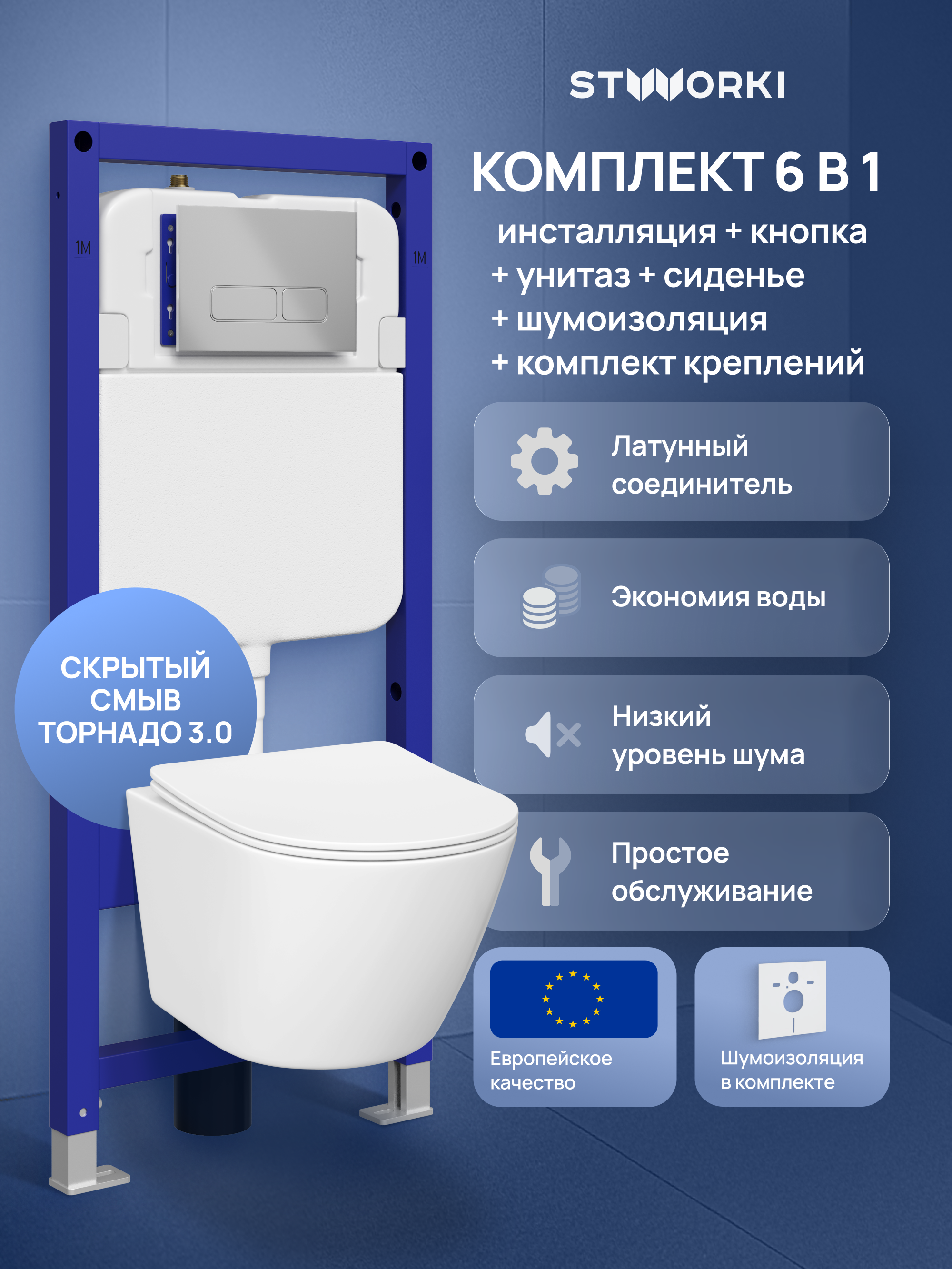 Комплект 6 в 1: Инсталляция STWORKI Кронборг S28500CR + Унитаз подвесной STWORKI Левангер S07401WH безободковый + Сиденье с микролифтом + Комплект шумоизоляции + Кнопка хром + Комплект креплений