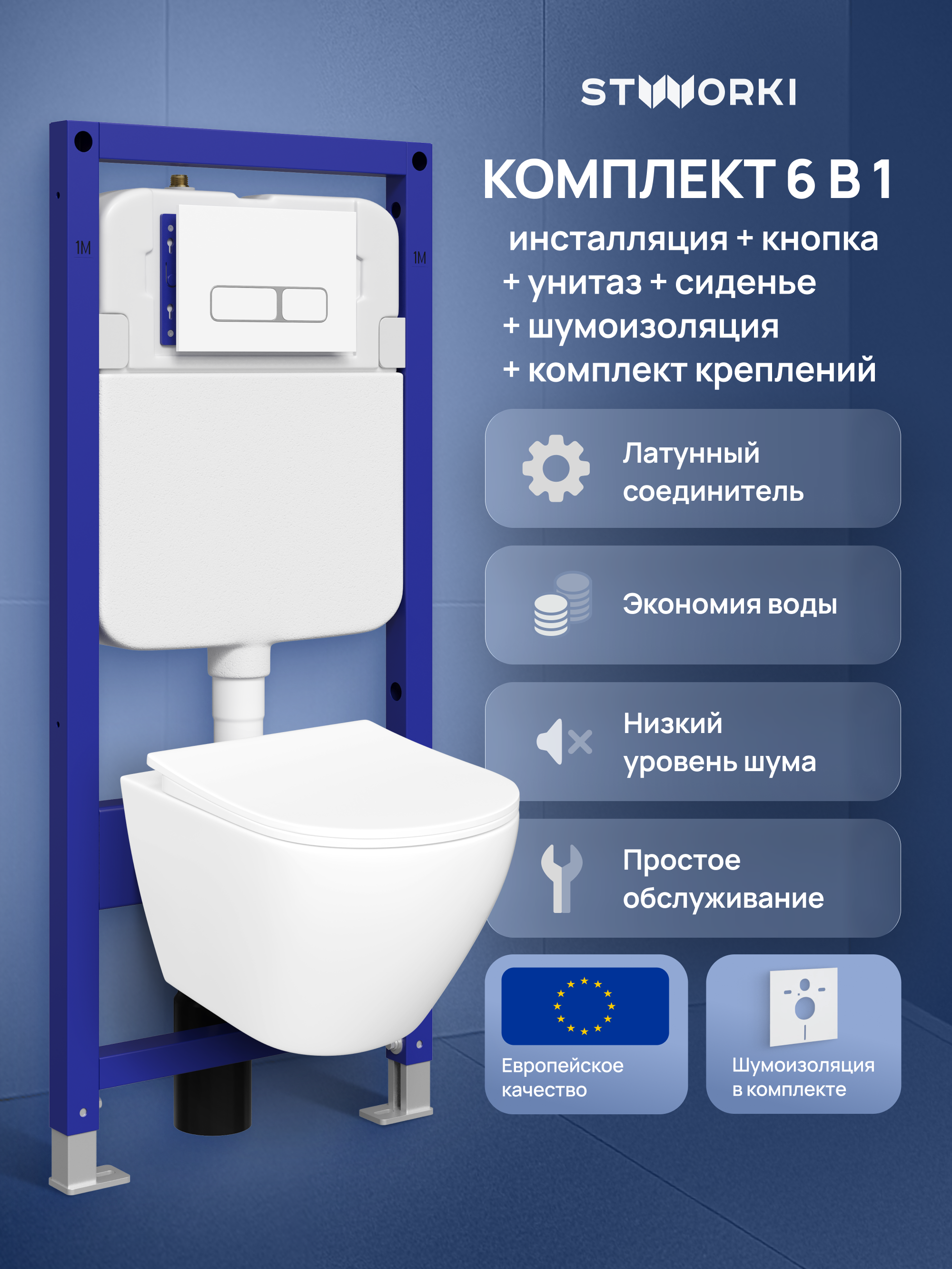 Комплект 6 в 1: Инсталляция STWORKI Кронборг S28500WH + Унитаз подвесной STWORKI Кронборг S28401WH безободковый + Сиденье с микролифтом + Комплект шумоизоляции + Кнопка глянцевая белая + Комплект креплений