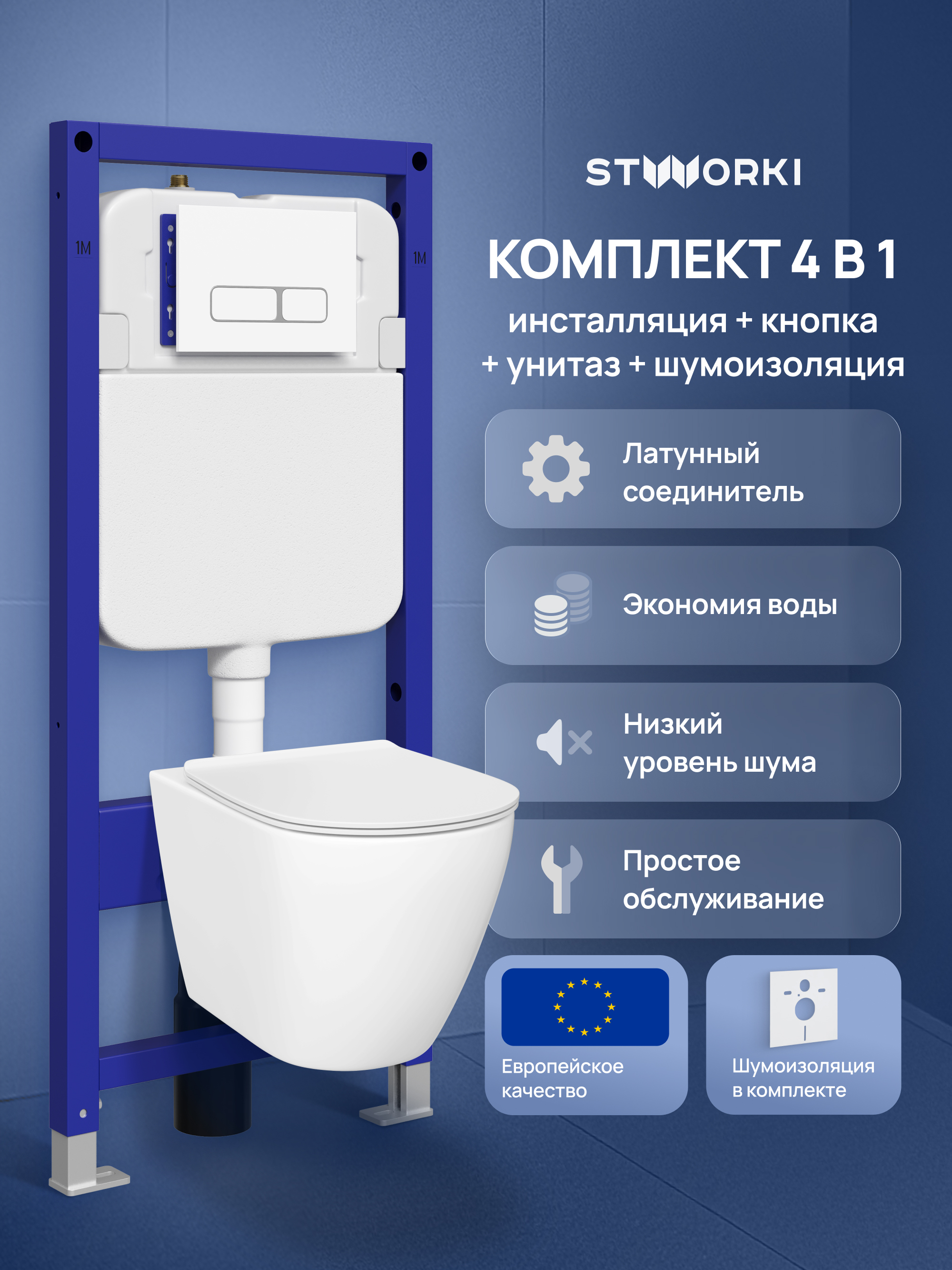 Комплект 4 в 1: Инсталляция STWORKI Кронборг S28500WH + Унитаз подвесной STWORKI Готланд S13401WH безободковый, с микролифтом, глянцевый белый, антивсплеск + Комплект шумоизоляции + Кнопка глянцевая белая