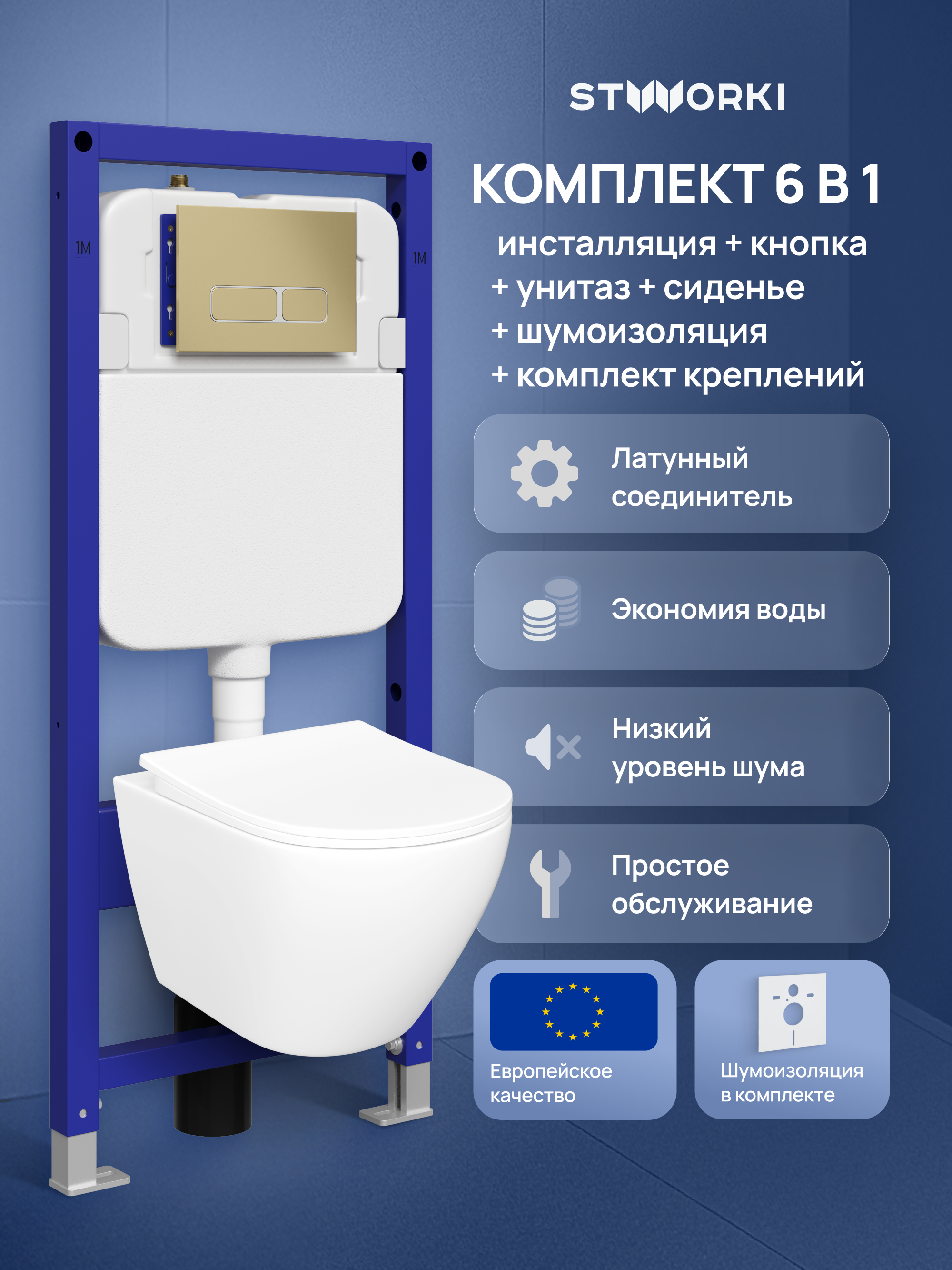 Комплект 6 в 1: Инсталляция STWORKI Кронборг S28500GM + Унитаз подвесной STWORKI Кронборг S28401WH безободковый + Сиденье с микролифтом + Комплект шумоизоляции + Кнопка матовое золото + Комплект креплений