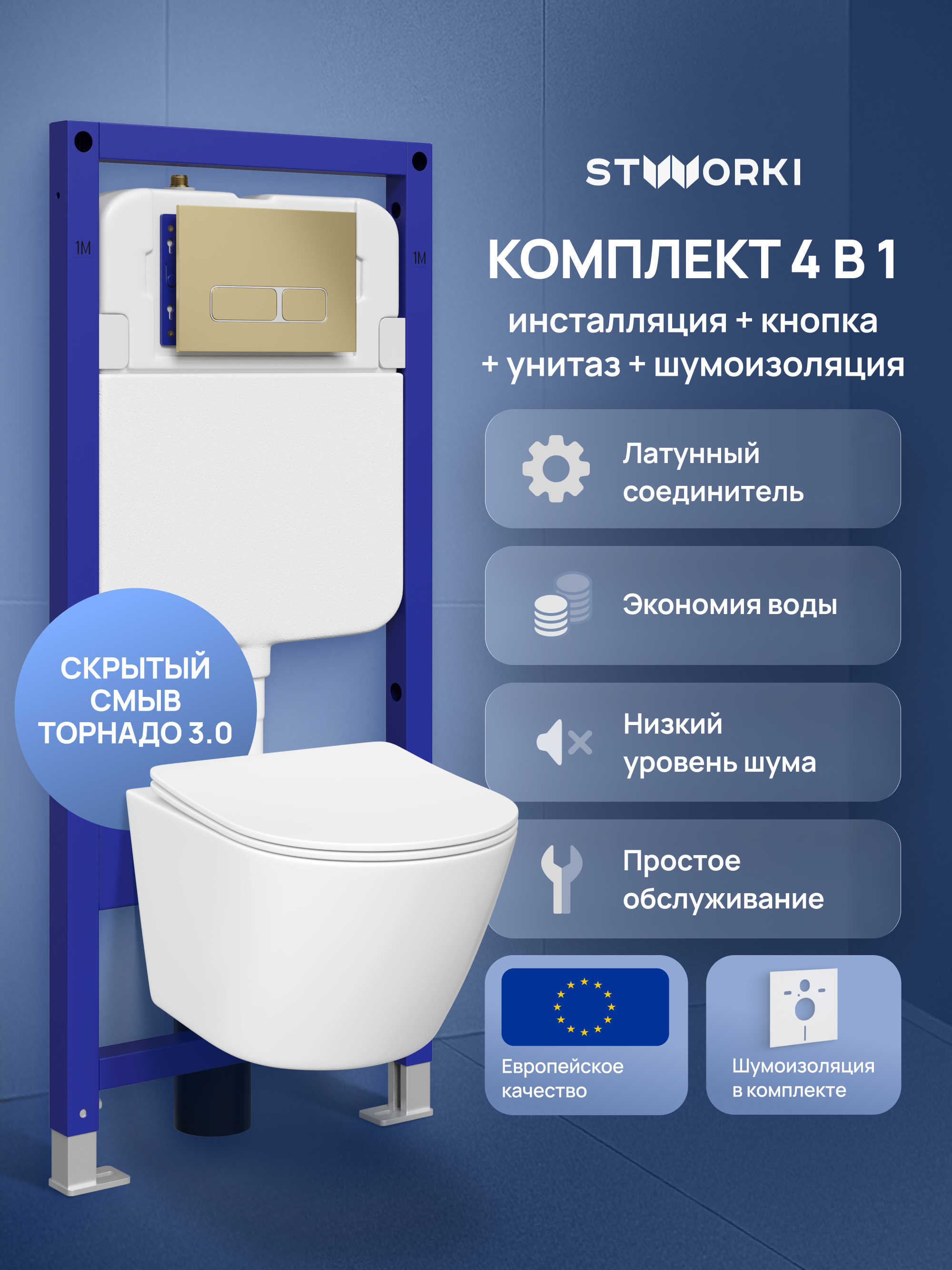 Комплект 4 в 1: Инсталляция STWORKI Кронборг S28500GM + Унитаз подвесной STWORKI Левангер S07401WH безободковый, с микролифтом, глянцевый белый, антивсплеск + Комплект шумоизоляции + Кнопка матовое золото