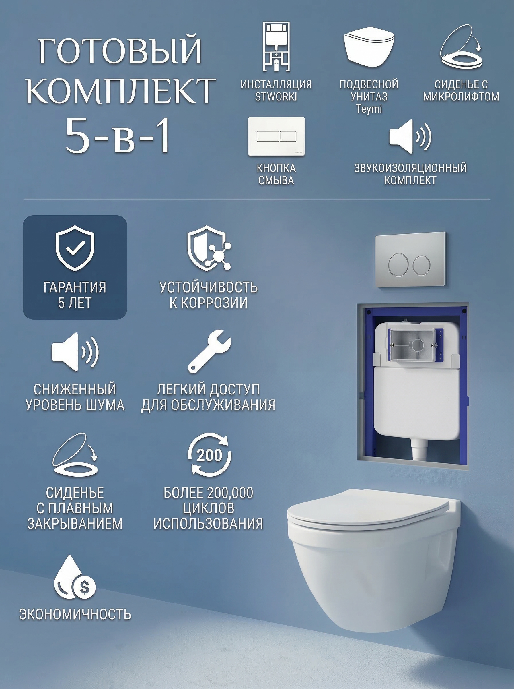 Комплект 5 в 1: Инсталляция STWORKI Хельсинки S33500CR + Унитаз подвесной Teymi Vitra Pro T40806 + Сиденье с микролифтом + Комплект шумоизоляции + Кнопка хром