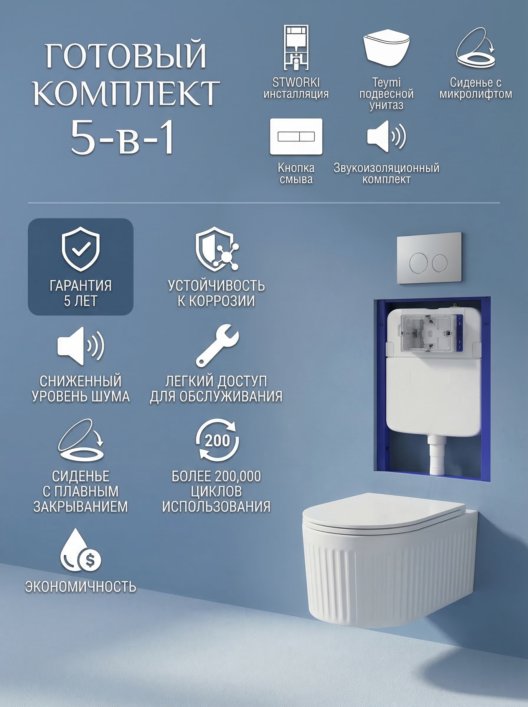 Комплект 5 в 1: Инсталляция STWORKI Хельсинки S33500CR + Унитаз подвесной Teymi Martta Vortex T42101 + Сиденье с микролифтом + Комплект шумоизоляции + Кнопка хром