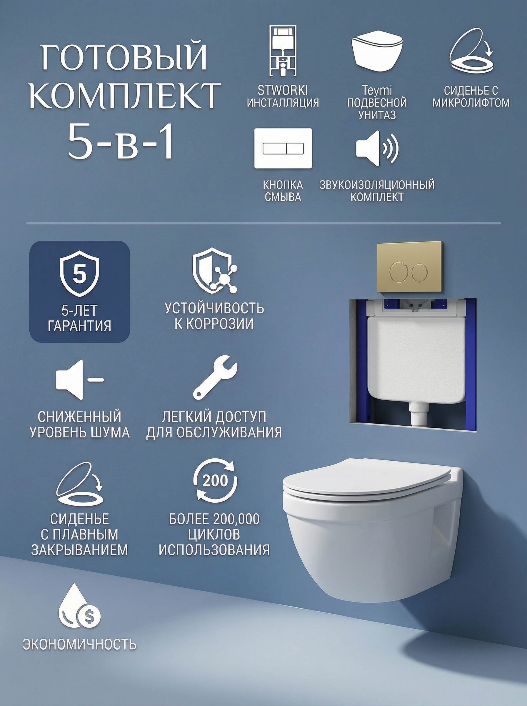 Комплект 5 в 1: Инсталляция STWORKI Хельсинки S33500GM + Унитаз подвесной Teymi Vitra Pro T40806 + Сиденье с микролифтом + Комплект шумоизоляции + Кнопка матовое золото