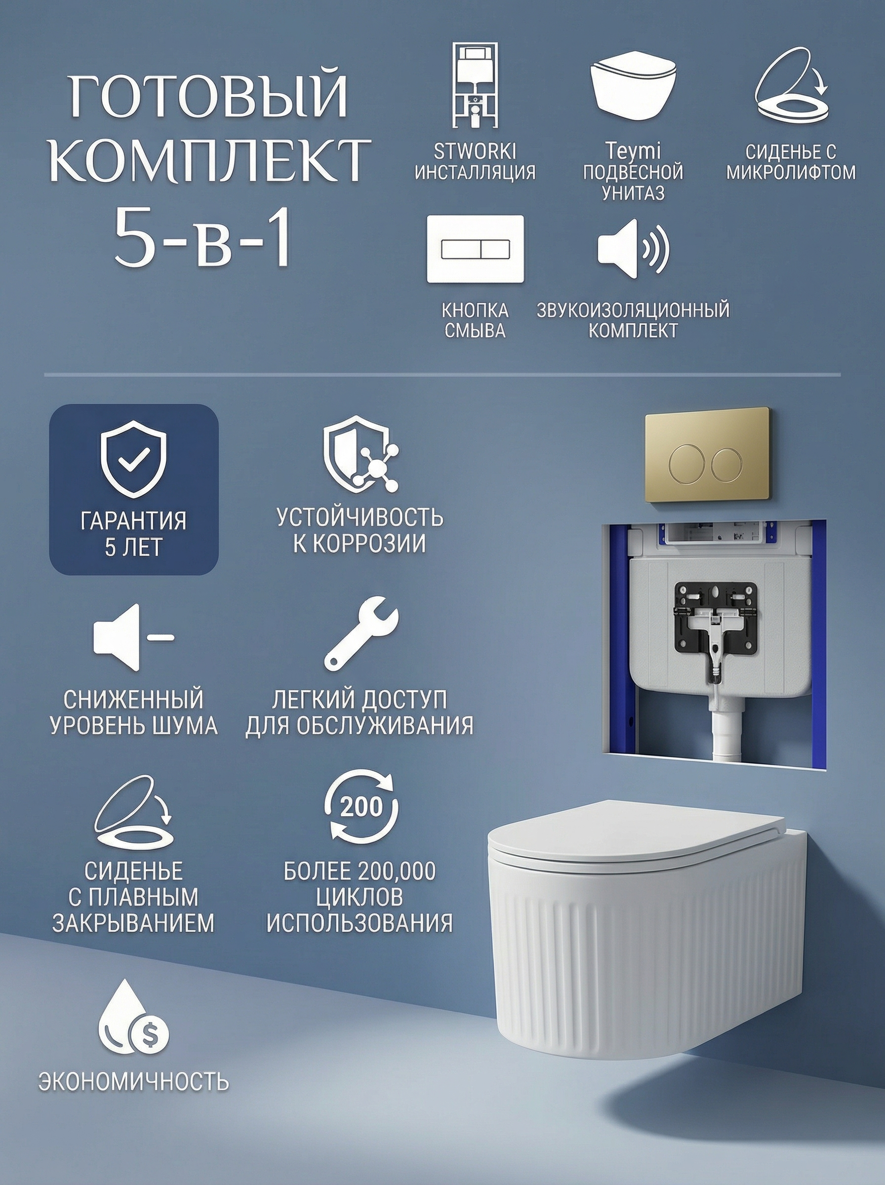 Комплект 5 в 1: Инсталляция STWORKI Хельсинки S33500GM + Унитаз подвесной Teymi Martta Vortex T42101 + Сиденье с микролифтом + Комплект шумоизоляции + Кнопка матовое золото