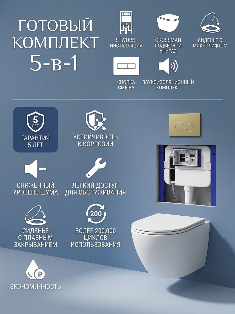 Комплект 5 в 1: Инсталляция STWORKI Хельсинки S33500GM + Унитаз подвесной Grossman Торнадо GR-4455SQC + Сиденье с микролифтом + Комплект шумоизоляции + Кнопка матовое золото