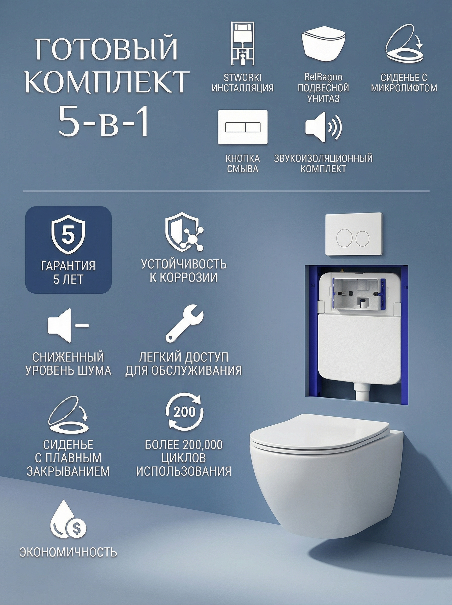 Комплект 5 в 1: Инсталляция STWORKI Хельсинки S33500WH + Унитаз подвесной BelBagno Libero BB11051CH-TOR/SC + Сиденье с микролифтом + Комплект шумоизоляции + Кнопка глянцевая белая