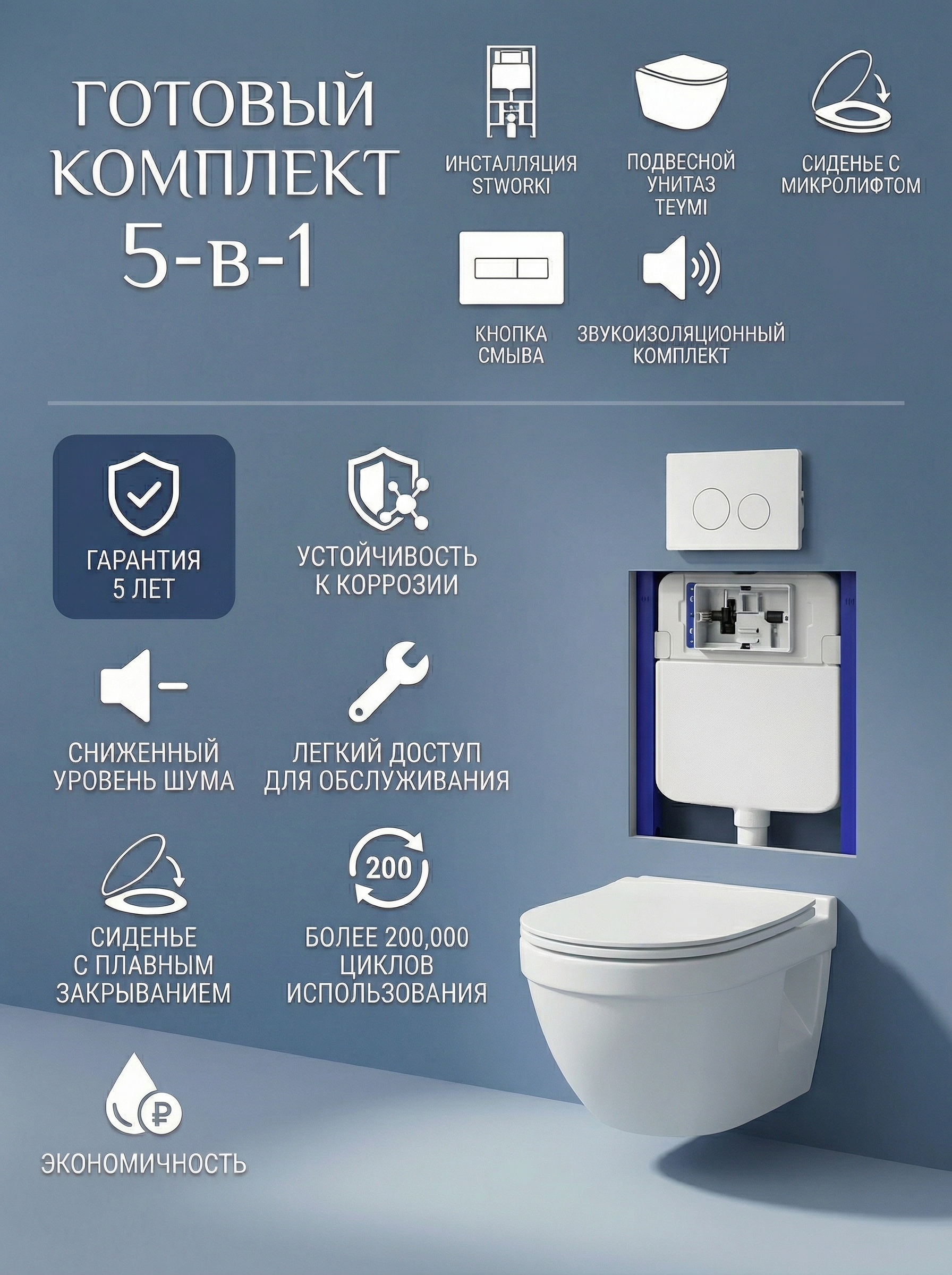 Комплект 5 в 1: Инсталляция STWORKI Хельсинки S33500WH + Унитаз подвесной Teymi Vitra Pro T40806 + Сиденье с микролифтом + Комплект шумоизоляции + Кнопка глянцевая белая