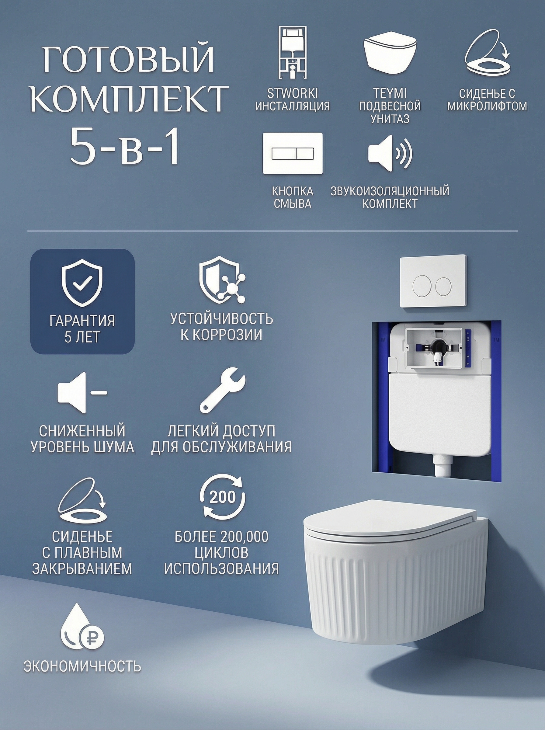 Комплект 5 в 1: Инсталляция STWORKI Хельсинки S33500WH + Унитаз подвесной Teymi Martta Vortex T42101 + Сиденье с микролифтом + Комплект шумоизоляции + Кнопка глянцевая белая