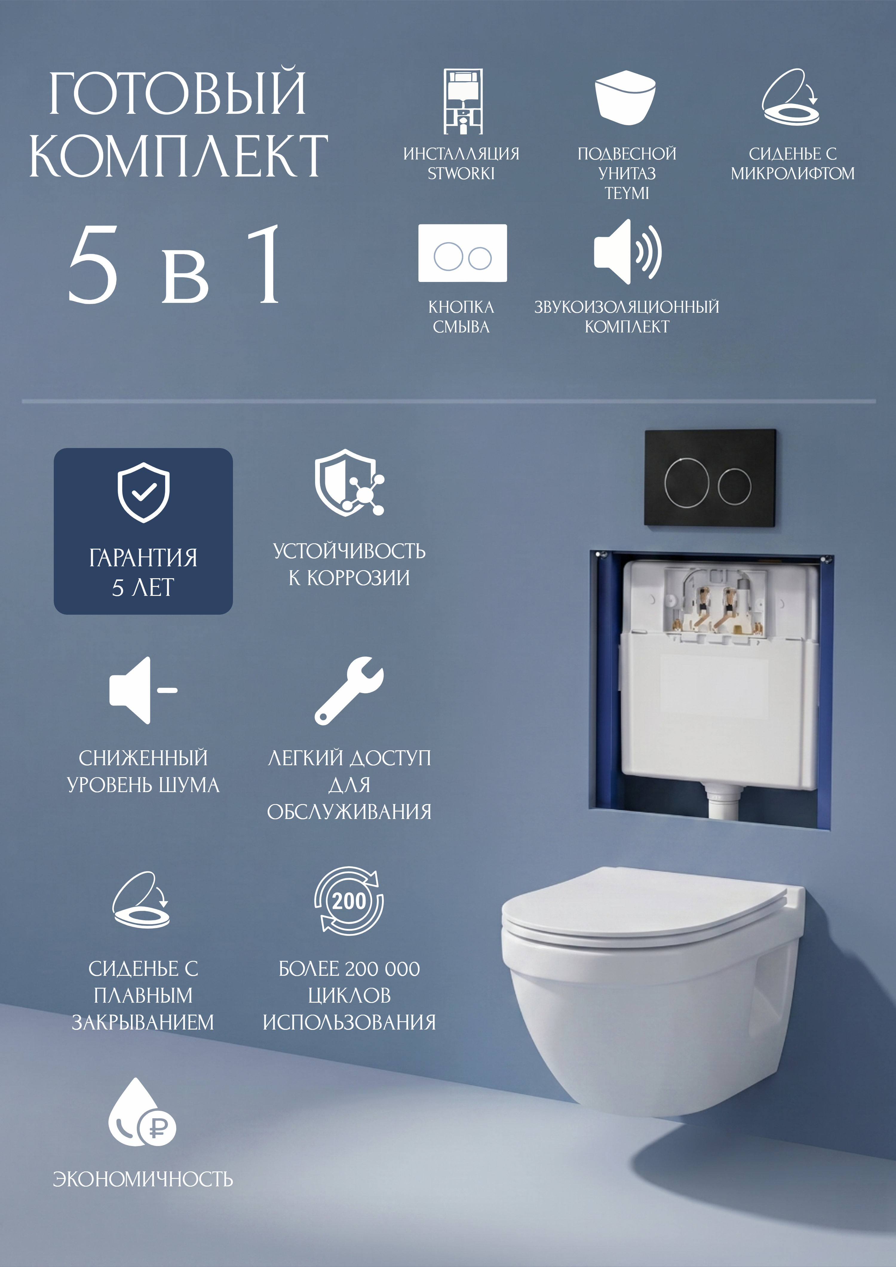 Комплект 5 в 1: Инсталляция STWORKI Хельсинки S33500BK + Унитаз подвесной Teymi Vitra Pro T40806 + Сиденье с микролифтом + Комплект шумоизоляции + Кнопка матовая черная
